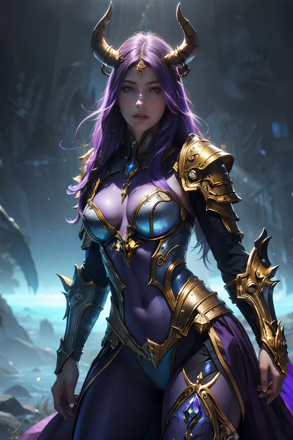 (RAW photo, best quality), (realistic, photo-realistic:1.3), best quality, extremely detailed, masterpiece, ultra-detailed, illustration, 1 girl, full body, dynamic angle, World of Warcraft, Draenei paladin, bathed in light, extremely detailed face, clad in a suit of gold and opal armor, bold and tempered gaze, horns adorned with amethyst and precious wood, imbued shield bearing the magic of arcane, a beautiful and courageous woman, entire body in shot, perfect body, beautiful breastplate, slender legs extending, pronounced hip curve, sunken back, magnificent mouth and small