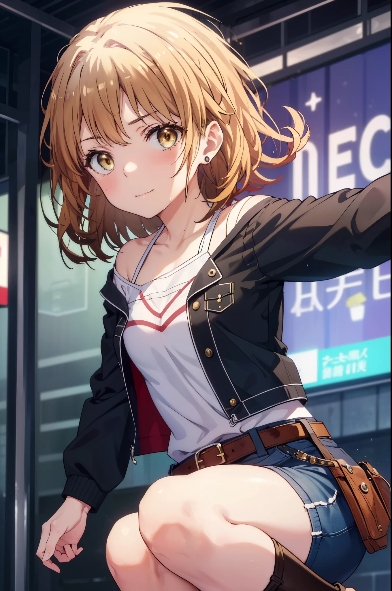 irohaisshiki, iroha isshiki, long hair, brown hair, (brown eyes:1.5), short braided hair,smile,tight waist, skinny, Big eyes,long legs,ripped short denim pants,leather belt,medium chest,puffy eyes, leather belt,(rainy city), shiny skin, Face-to-face audience, cover the ribcage:0.7), sweating, Drops of sweat scattering,off shoulder,Torn top, blush, nervous, sweaty,round earrings,short boots,
break outdoors, In town,路地裏
break looking at viewer,
break (masterpiece:1.2), highest quality, High resolution, unity 8k wallpaper, (figure:0.8), (detailed and beautiful eyes:1.6), highly detailed face, perfect lighting, Very detailed CG, (perfect hands, perfect anatomy),