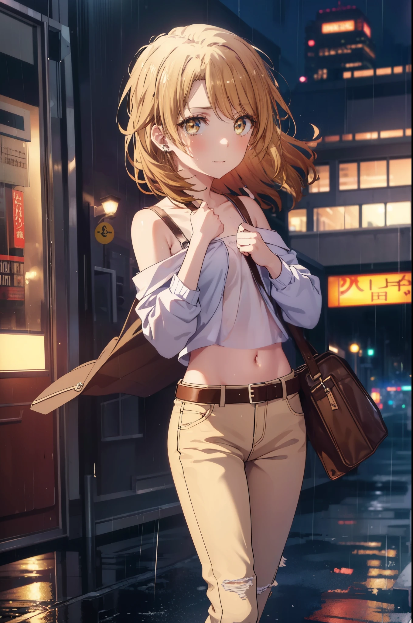 irohaisshiki, iroha isshiki, long hair, brown hair, (brown eyes:1.5), short braided hair,smile,tight waist, skinny, Big eyes,long legs,ripped short denim pants,leather belt,medium chest,puffy eyes, leather belt,(rainy city), shiny skin, Face-to-face audience, cover the ribcage:0.7), sweating, Drops of sweat scattering,off shoulder,Torn top, blush, nervous, sweaty,round earrings,short boots,
break outdoors, In town,路地裏
break looking at viewer,
break (masterpiece:1.2), highest quality, High resolution, unity 8k wallpaper, (figure:0.8), (detailed and beautiful eyes:1.6), highly detailed face, perfect lighting, Very detailed CG, (perfect hands, perfect anatomy),