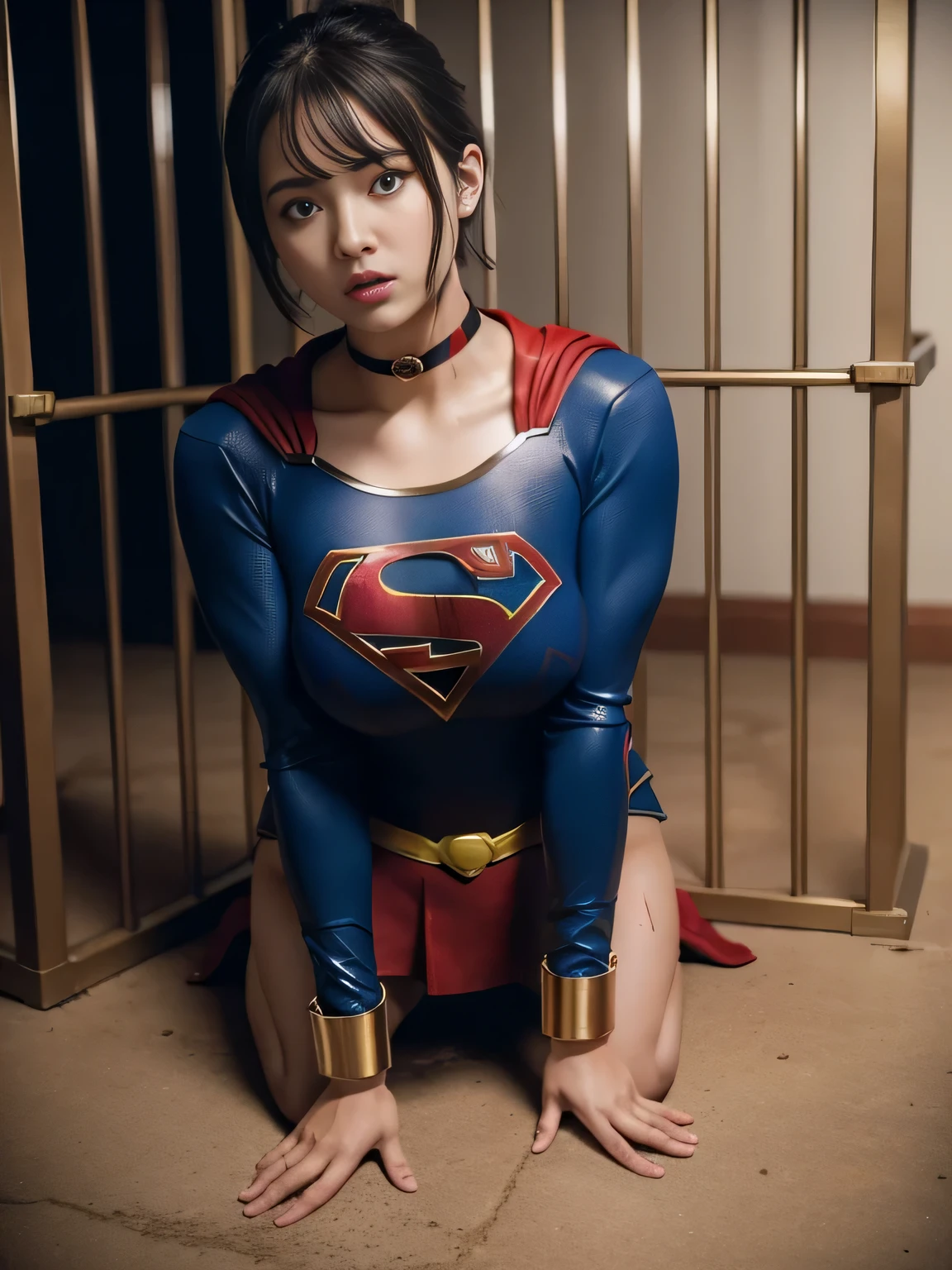 masterpiece、supergirl costume、short hair、barefoot、big and full breasts、Crisis situation、prison、in a cage、palpation、Covered in mud、spread your legs、handcuffs、shiny、looking at camera、Seduce、choker、long sleeve、red sexy pose、POW camps、humiliating