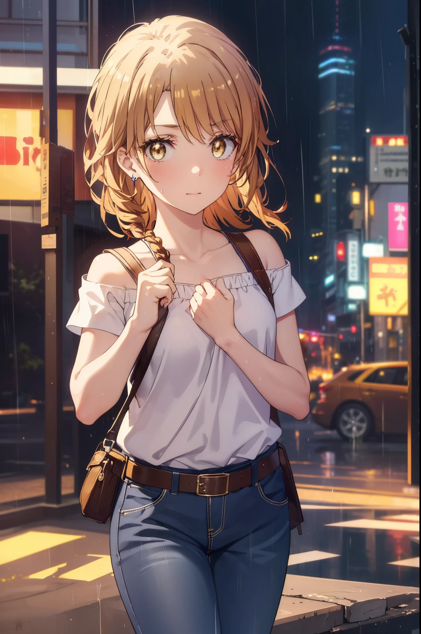 irohaisshiki, iroha isshiki, long hair, ponytail,brown hair, (brown eyes:1.5), short braided hair,smile,tight waist, skinny, Big eyes,long legs,ripped short denim pants,leather belt,medium chest,puffy eyes, leather belt,(rainy city), shiny skin, Face-to-face audience, cover the ribcage:0.7), sweating, Drops of sweat scattering,off shoulder,Torn top, blush, nervous, sweaty,round earrings,short boots,
break outdoors, In town,路地裏
break looking at viewer,
break (masterpiece:1.2), highest quality, High resolution, unity 8k wallpaper, (figure:0.8), (detailed and beautiful eyes:1.6), highly detailed face, perfect lighting, Very detailed CG, (perfect hands, perfect anatomy),