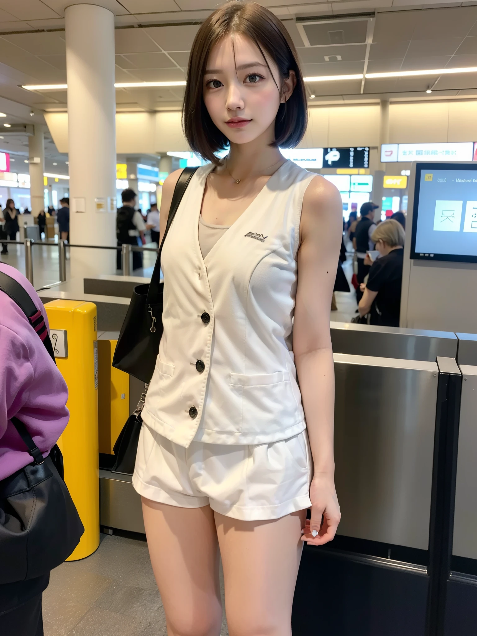 ((top quality vest, 8k, masterpiece: 1.3, RAW photo)), sharp focus: 1.2, (1 Aespa Girl: 1.1), (alone: 1.18), (realistic, photo-realistic:1.37), face focus, cute face, finely tuned, (small breasts, flat chest, thigh: 1.3), messy short hair, full nude, (good top: 1.2), airport, Terminal,