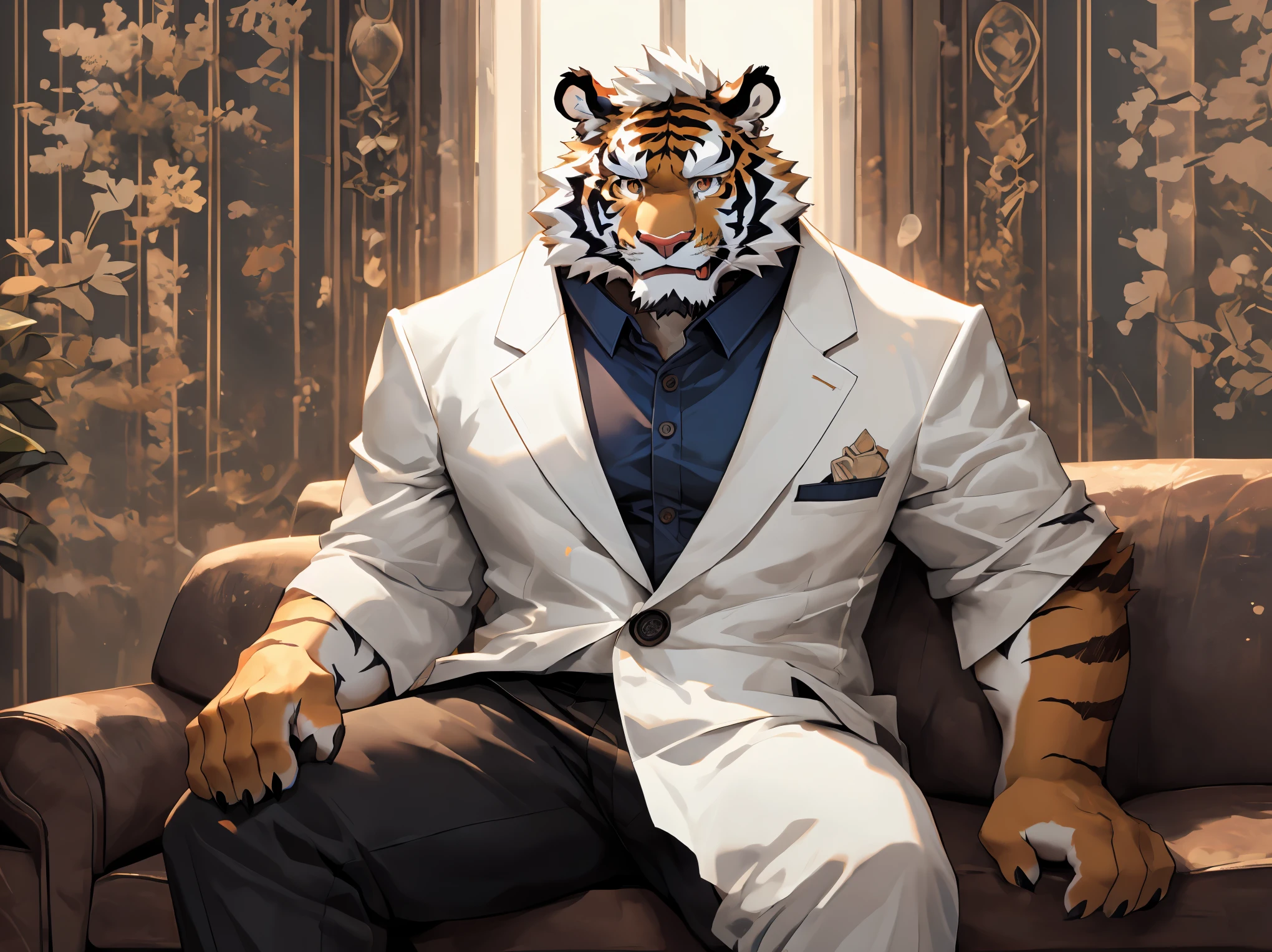 Cartoon,(disney),anime character with tiger, tiger_beast, Firmware version,high resolution committee,((tiger)), gigachad muscular, only,anthropomorphic tiger, muscular character, Kushat Konzi, super detailed!!, beefy, body committee, Full body details are very rich,16k,(Full white suit body:1.4),(The two eyes are not the same color，Pupils of different colors:1.5),HD,(colored hair,Eyebrow:1.3),(Aloof:1.5),(Sitting on the sofa:1.3),(The eyes are haughty:1.5),(dick:1.1),solo,Sitting on the sofa,(Facial detail drawing:1.5),(white tiger tail),(white face pattern),(front view),(Modern luxury decorative background:1.3),(living room:1.3),(Perfect body proportions:1.3),(back wall window;1.3),(Looking at you with a sneer),(Close up:1.2),(Half body:1.5),(Various shades),(Sneer:1.6),(middle aged:1.2),(30 years old)