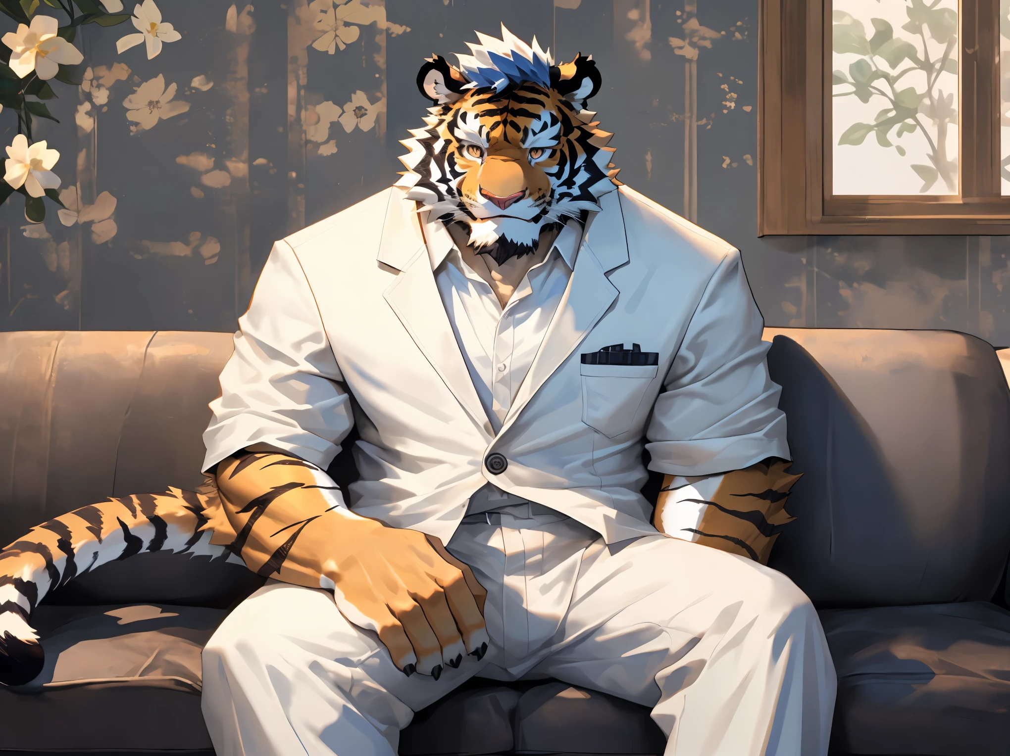 Cartoon,(disney),anime character with tiger, tiger_beast, Firmware version,high resolution committee,((tiger)), gigachad muscular, only,anthropomorphic tiger, muscular character, Kushat Konzi, super detailed!!, beefy, body committee, Full body details are very rich,16k,(Full white suit body:1.4),(The two eyes are not the same color，Pupils of different colors:1.5),HD,(colored hair,Eyebrow:1.3),(Aloof:1.5),(Sitting on the sofa:1.3),(The eyes are haughty:1.5),(dick:1.1),solo,Sitting on the sofa,(Facial detail drawing:1.5),(white tiger tail),(white face pattern),(front view),(Modern luxury decorative background:1.3),(living room:1.3),(Perfect body proportions:1.3),(back wall window;1.3),(Looking at you with a sneer),(Close up:1.2),(Half body:1.5),(Various shades),(Sneer:1.6),(middle aged:1.2),(30 years old)