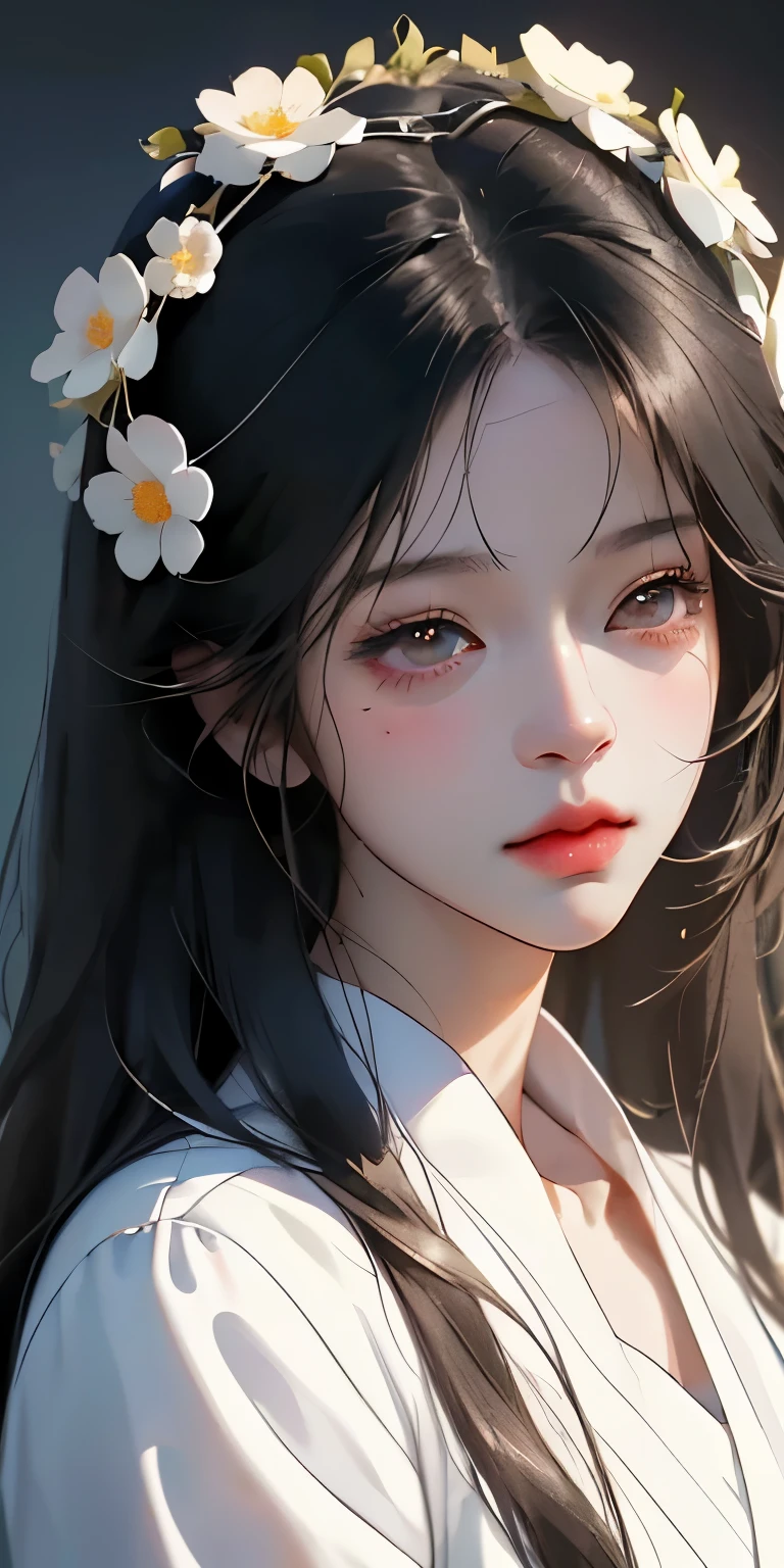 wearing white shirt、Anime girl with long black hair wearing a flower crown, Beautiful anime portrait, Stunning anime face portraits, beautiful anime girl, kawaii realistic portrait, Detailed portrait of anime girl, Portrait anime girl, Realistic anime 3D style, realistic young anime girl, Realistic anime art style, young anime girl, Anime realistic style, Realistic anime art style
