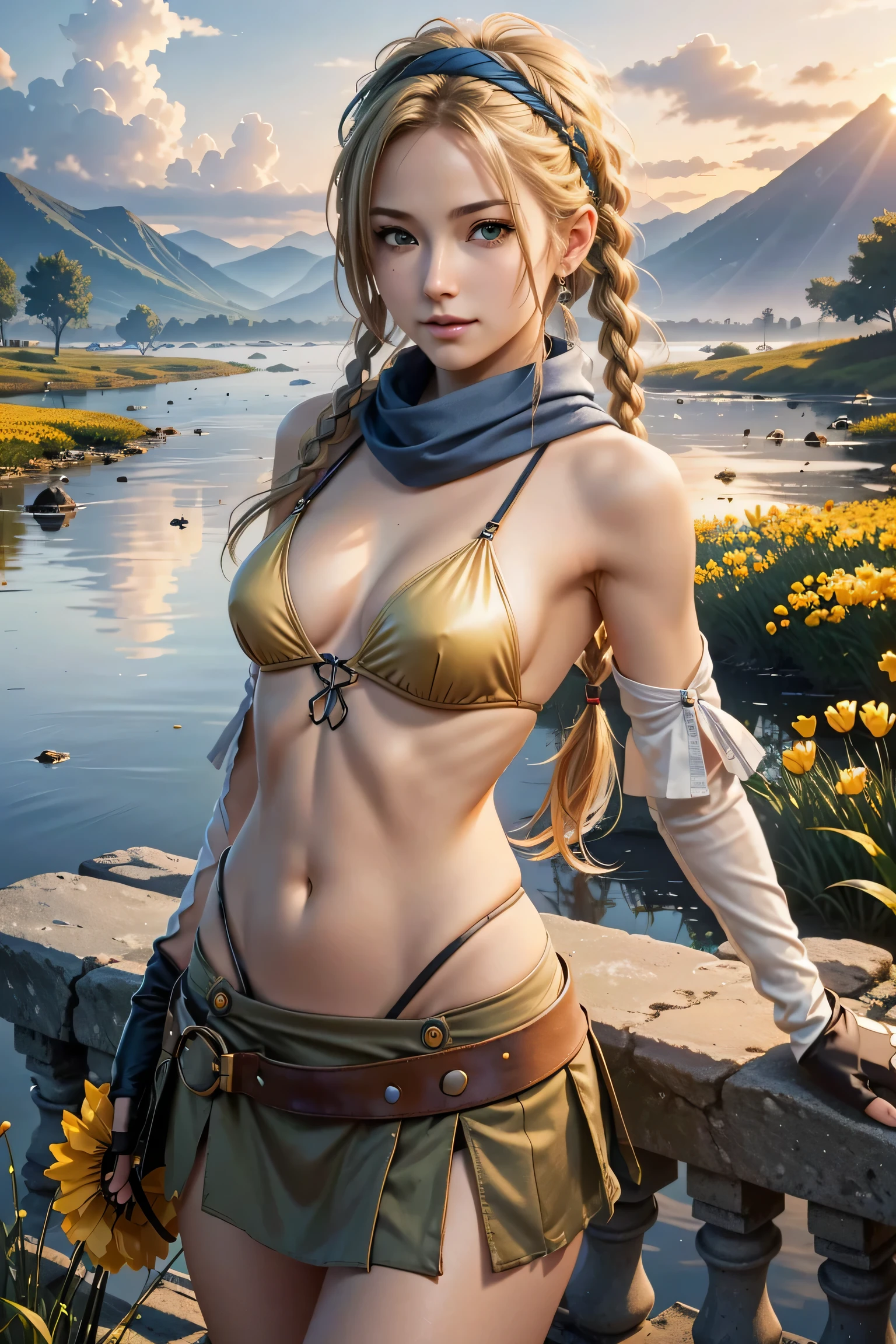 (masterpiece, highest quality:1.3)
backpack ff10,  1 girl, alone, long hair, chest, skirt, blonde hair, hair ornaments, gloves, belly button, green eyes, swimsuit, Braid, bikini, removed sleeve, null, Day, cloud, miniskirt, fingerless gloves, scarf, head band, bird, bikini top only, @_@, yellow bikini, blue head band,super high quality,super high quality,masterpiece,digital single lens reflex,realistic,Detailed details,vivid details,depicted in detail,detailed face,Detailed details,Super detailed,realistic skin texture,based on anatomical basis,perfect anatomy,anatomically correct hand,anatomically correct fingers,Complex 3D rendering,sexy pose,beautiful yellow tulip field,Final Fantasy Worldview,幻想的な夕Day,幻想的な夕Day,beauty like a painting,smile,enchanting beauty,phantom river,