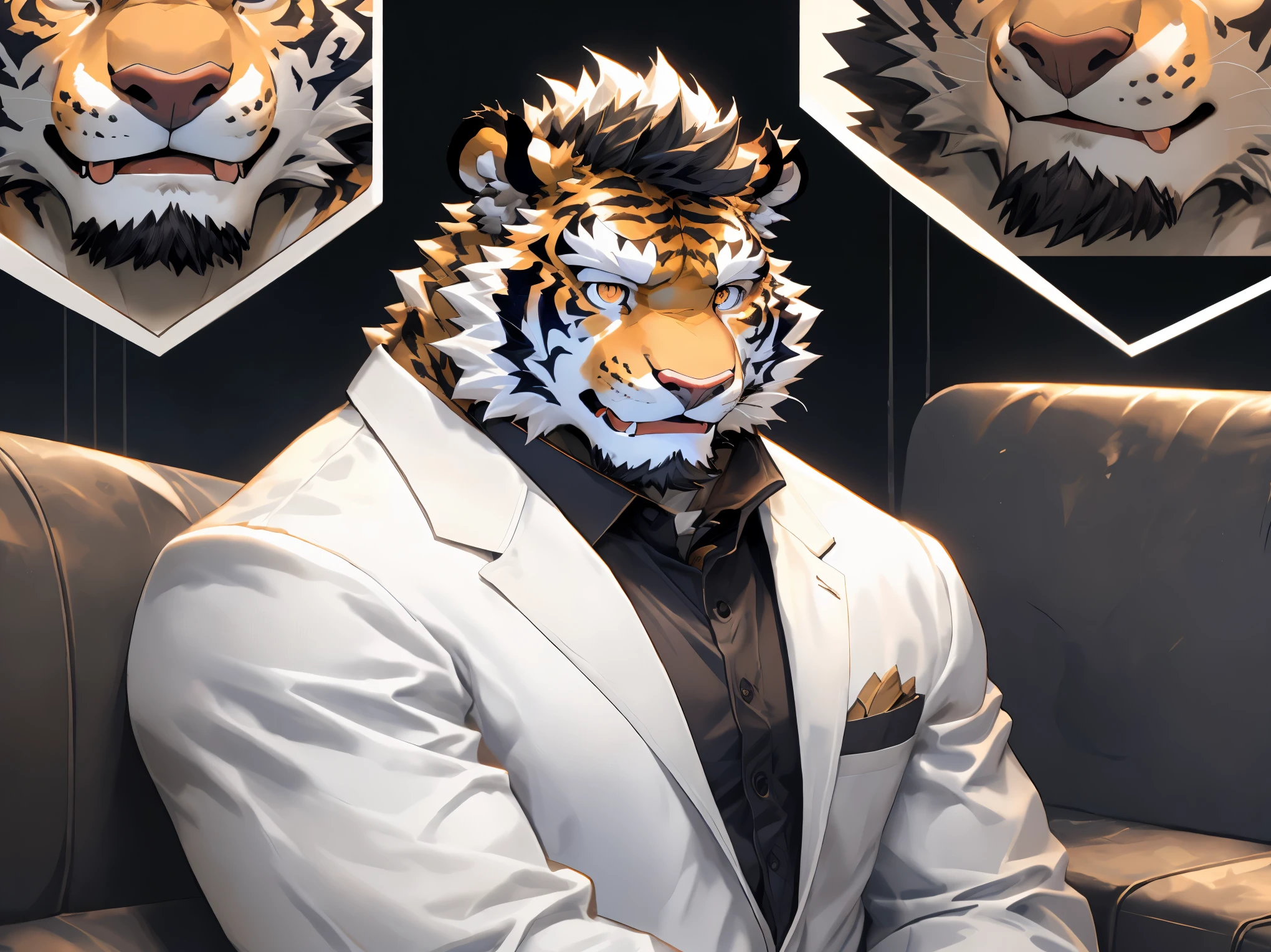 (disney),anime character with tiger, tiger_beast, Firmware version, high resolution committee, ((tiger)), gigachad muscular, only,anthropomorphic tiger, muscular character, Kushat Konzi, super detailed!!, beefy, body committee, Full body details are very rich,16k,(Full white suit body:1.4),(The two eyes are not the same color,Pupils of different colors:1.5),HD,(colored hair,Eyebrow:1.3),(Aloof:1.5),(Sitting on the sofa:1.3),(The eyes are haughty:1.5),(dick:1.1),solo,Sitting on the sofa,(Facial detail drawing:1.5),(white tiger tail),(white face pattern),(front view),(Modern luxury decorative background:1.3),(living room:1.3),(Perfect body proportions:1.3),(back wall window;1.3),(Looking at you with a sneer),(Close up:1.5),(Half body:1.6),(Various shades),(Sneer:1.7),(middle aged:1.2),(30 years old)