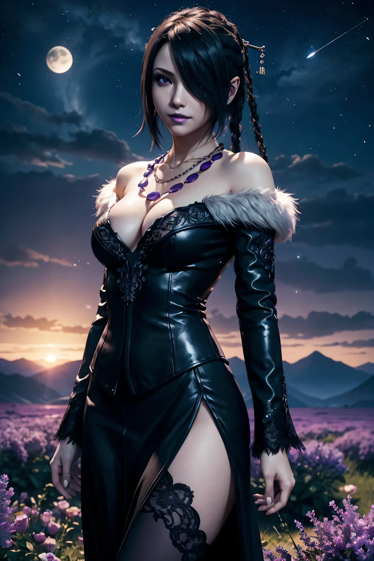 Lulu,Final Fantasy 10,FF10,Kurokami,one length,Let down one side of your bangs,hide one eye,beautiful purple eyes,white skin,purple lips,黒いFurryロングドレス,long skirt,Furry,Black see-through blouse,black fishnet tights,Purple Necklace,super high quality,super high quality,masterpiece,digital single lens reflex,realistic,Detailed details,vivid details,depicted in detail,detailed face,Detailed details,Super detailed,realistic skin texture,based on anatomical basis,perfect anatomy,anatomically correct hand,anatomically correct fingers,Complex 3D rendering,sexy pose,beautiful purple rose field,Final Fantasy Worldview,Dark worldview,Fantastic night view,fantastic night sky,beauty like a painting,smile,enchanting beauty,phantom river,