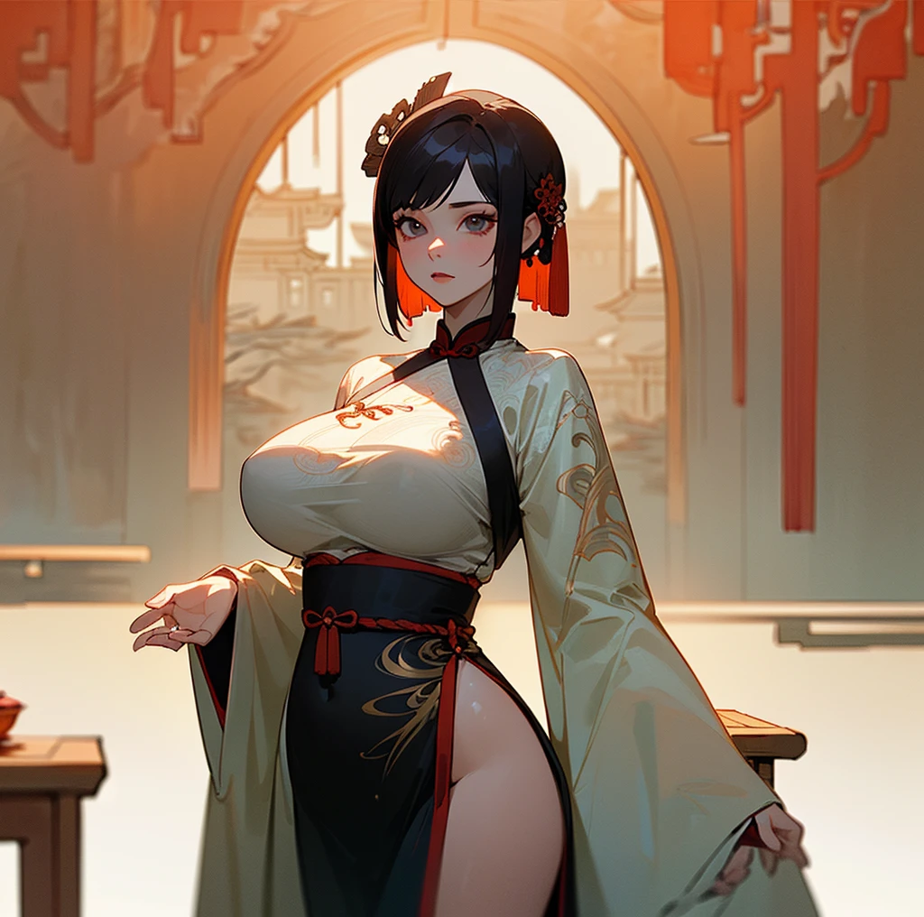 (incomparable masterpiece, ultra realistic 8k CG, perfect art, perfect female figure, dramatic shadow, ray tracing), (spotlight, perfect lighting, detailed light, dramatic shadow, ray tracing), (mature female, milf, extremely delicate and beautiful:1.2), (seductive posture, implicit, dressed,((large breasts:1.1)),(abundant:1.3),(short hair:1.5), wide hips, (ru_qun, ancient china background, porcelain patterns, shawl, hagoromo, hanfu, detailed clothes, Chinese pattern dress: 1.2), (interior + dark vibration + china courtyard + pavilion + peaceful + bridge + trees),