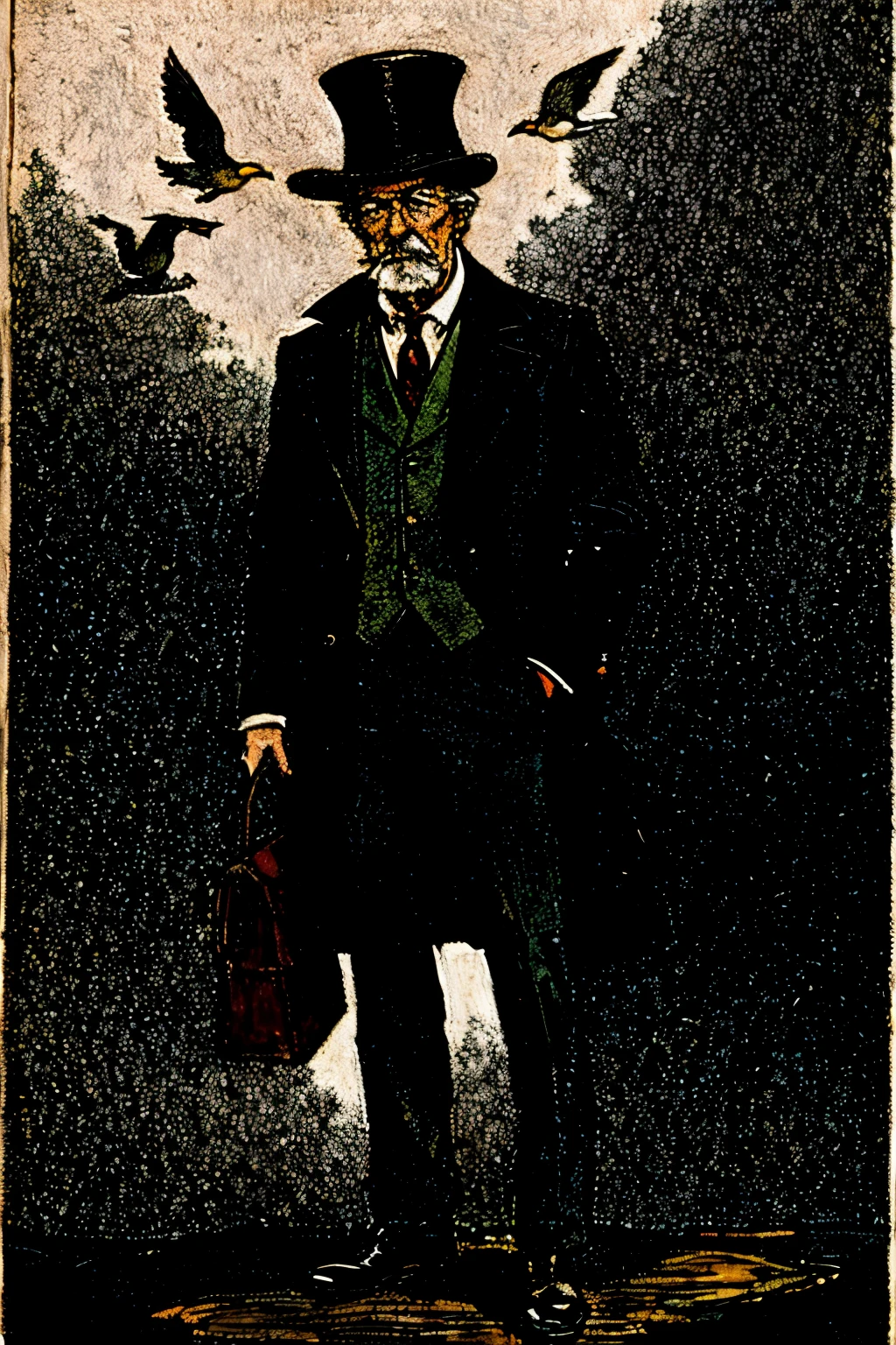 there is a drawing of a man in a suit and hat with birds, anthropomorphic penguin, figurino, wearing dark sea clothes, inspirado em Horatio Nelson Poole, inspirado em Eddie Campbell, inspirado em Carl Eugen Keel, fotografia 1 9 7 0, estilo leyendecker, figurino made with love, he is a coat killer