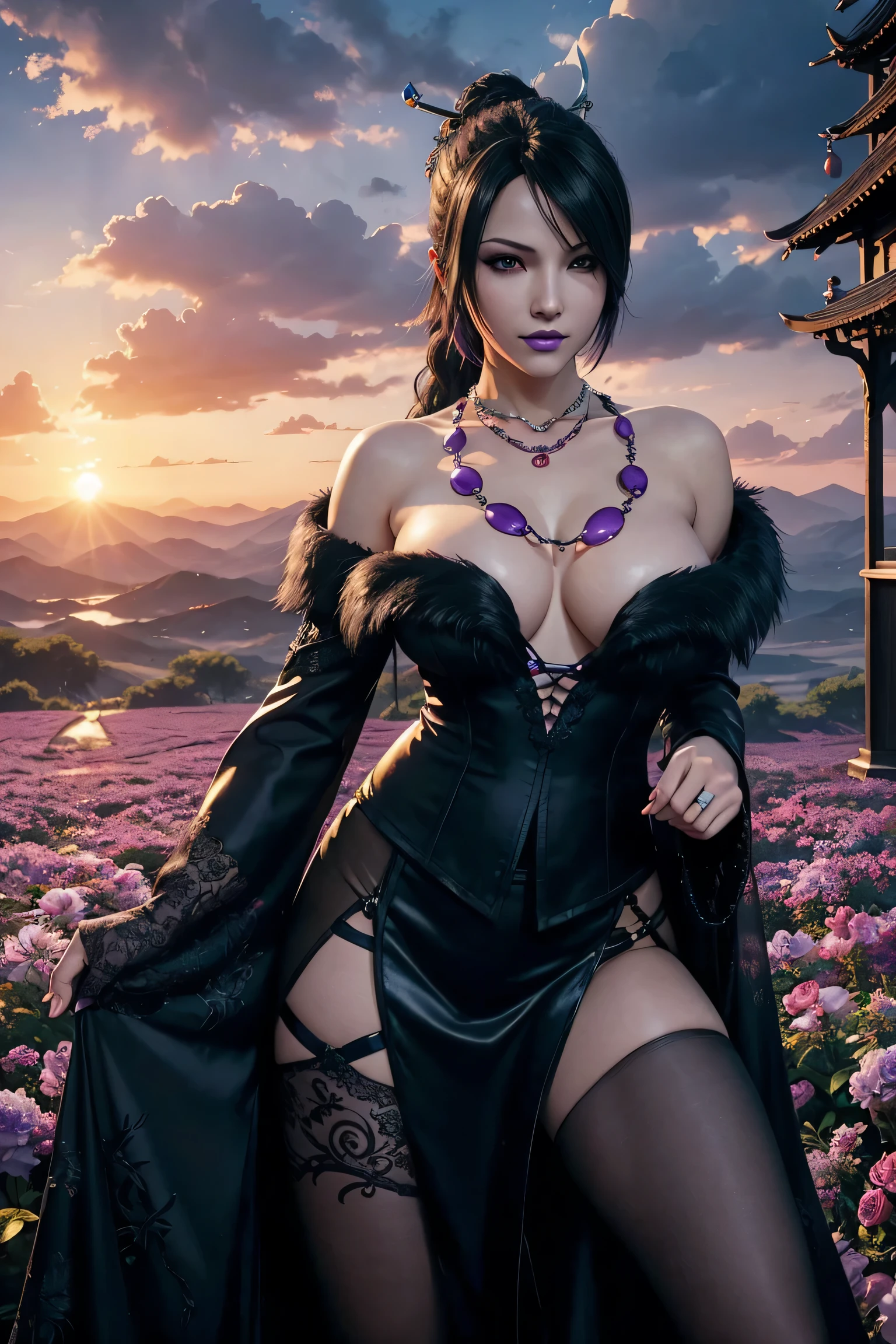 Lulu,Final Fantasy 10,FF10,Kurokami,one length,Let down one side of your bangs,hide one eye,beautiful purple eyes,white skin,purple lips,黒いFurryロングドレス,long skirt,Furry,Black see-through blouse,black fishnet tights,Purple Necklace,super high quality,super high quality,masterpiece,digital single lens reflex,realistic,Detailed details,vivid details,depicted in detail,detailed face,Detailed details,Super detailed,realistic skin texture,based on anatomical basis,perfect anatomy,anatomically correct hand,anatomically correct fingers,Complex 3D rendering,sexy pose,beautiful purple rose field,Final Fantasy Worldview,Dark worldview,fantastic sunset,fantastic sunset,beauty like a painting,smile,enchanting beauty,phantom river,