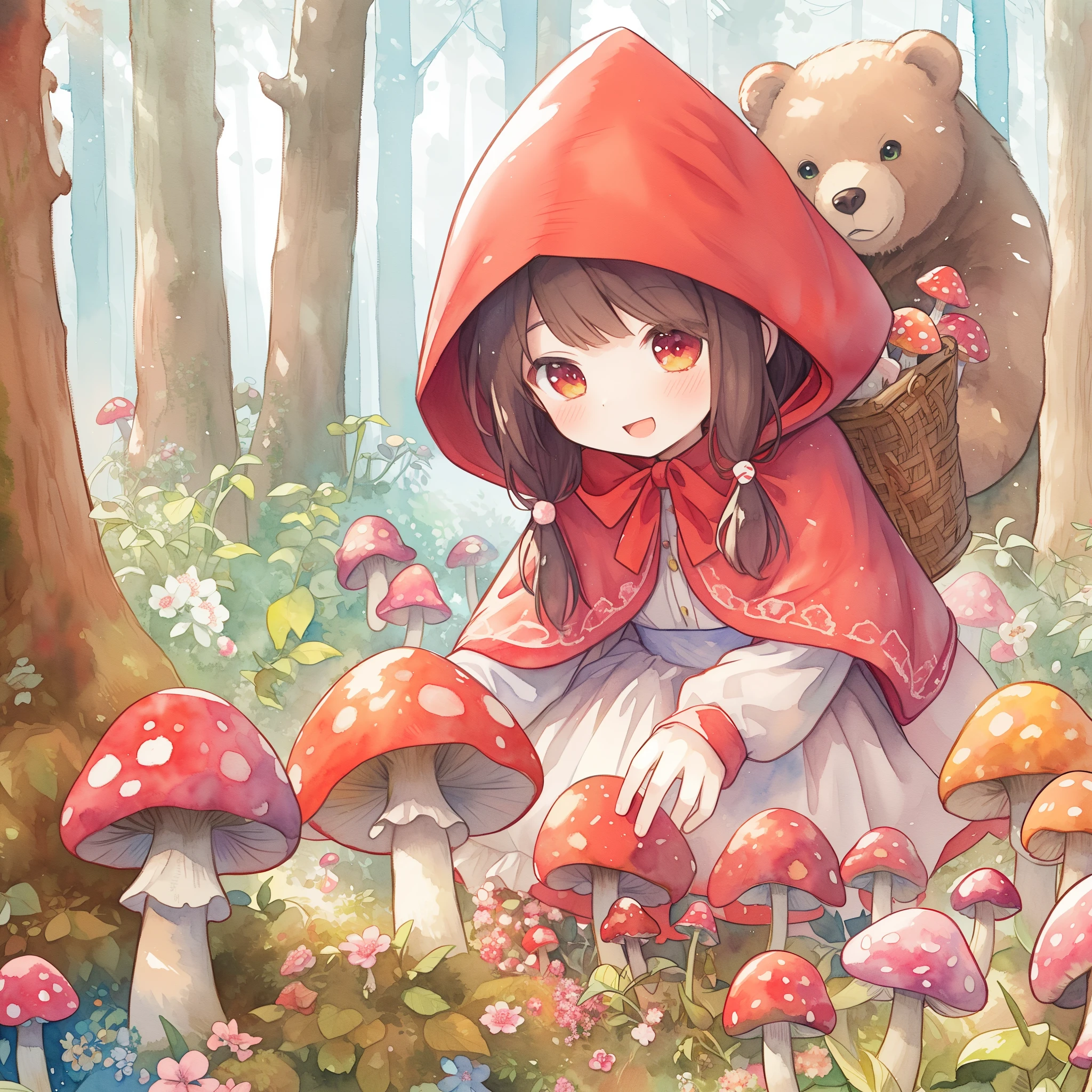 There is a girl wearing a red hood and a bear in the forest., The girl is carrying a basket of mushrooms on her back、Pastel Watercolor、A smiling girl picking mushrooms in a fantastic forest is wearing a red hood、There's a bear behind me、anime、Illustration style like a fairy tale, little little red riding hood, little red riding hood, by Yuumei, Beautiful artwork illustration, pixiv contest winner, animeファンタジーイラスト, by Kubisiato, pixiv, by xiawei, adorable digital paintings, cute detailed digital art