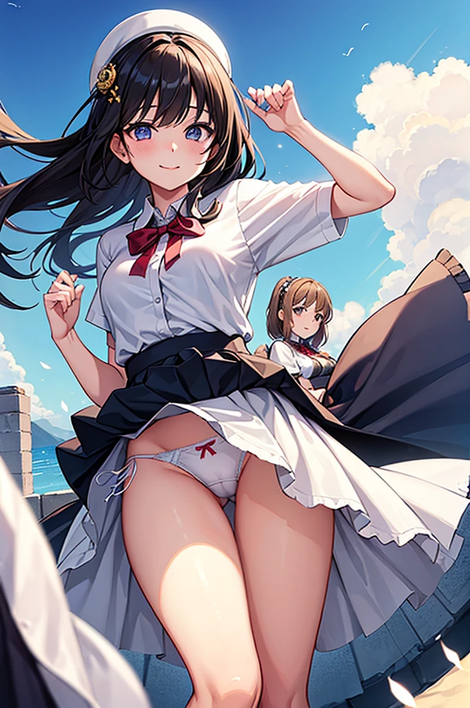 ((2girls))、A smile、A delightful、skirt by the、(tiny chest)、in a house、Chilarism、doress、pinafore,,,,,,、Maids,,,,,,,,、A dark-haired、((movement of hair ornaments))、skirt rift,(Grabbing the skirt)、 (Perfect hands, Perfect Anatomy),cowboy shot、(Skirt lift:1.3), (white panties:1.3)、 (adnet weight:1.0)、(Skirt that rolls up:1.3)、(Fully exposed panties:1.5)、