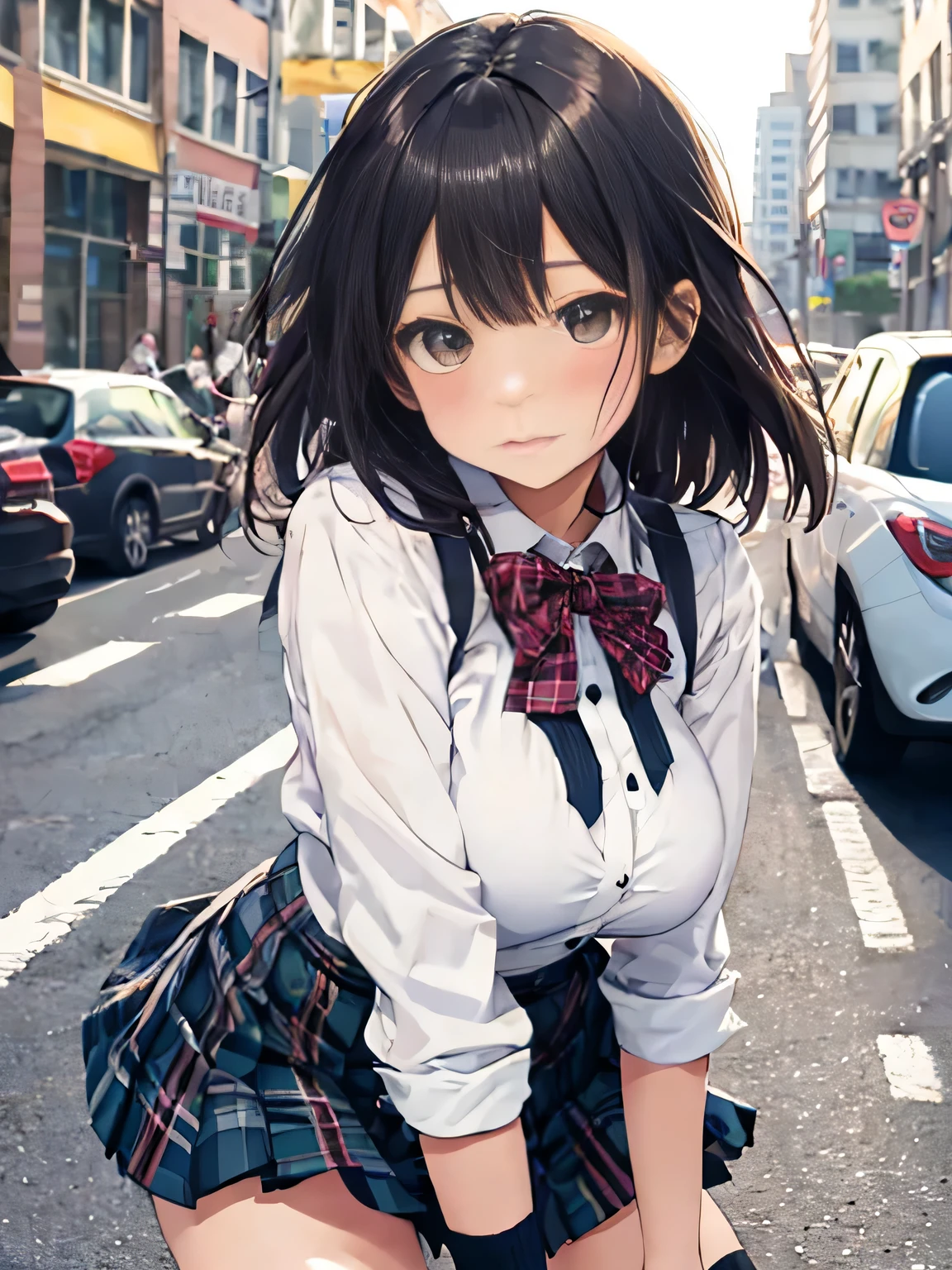 highest quality、High resolution、detailed background、beautiful and detailed face、beautiful and smooth skin、skin texture、professional lighting、Beautiful teenage girl、huge breasts、
panty shot、cuteパンティー、cuteセーラー服、Pleated mini skirt with tartan plaid pattern、cute髪型、High Socks Over Knee、knee high socks、
Sunny、Sunny、go to school、school zone、in the city、strong wind is blowing、Skirt flipping in strong wind、彼女のスカートがめくれてとてもshameずかしそうに見えます.、shame、とてもshameずかしい、sexual expression、shameずかしそうに私を見て、cute