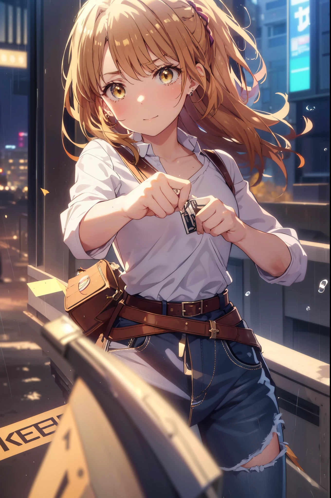 irohaisshiki, iroha isshiki, long hair, ponytail,brown hair, (brown eyes:1.5), short braided hair,smile,tight waist, skinny, Big eyes,long legs,ripped short denim pants,leather belt,medium chest,puffy eyes, leather belt,(rainy city), shiny skin, Face-to-face audience, cover the ribcage:0.7), sweating, Drops of sweat scattering,off shoulder,Torn top, blush, nervous, sweaty,round earrings,short boots,
break outdoors, In town,路地裏
break looking at viewer,
break (masterpiece:1.2), highest quality, High resolution, unity 8k wallpaper, (figure:0.8), (detailed and beautiful eyes:1.6), highly detailed face, perfect lighting, Very detailed CG, (perfect hands, perfect anatomy),