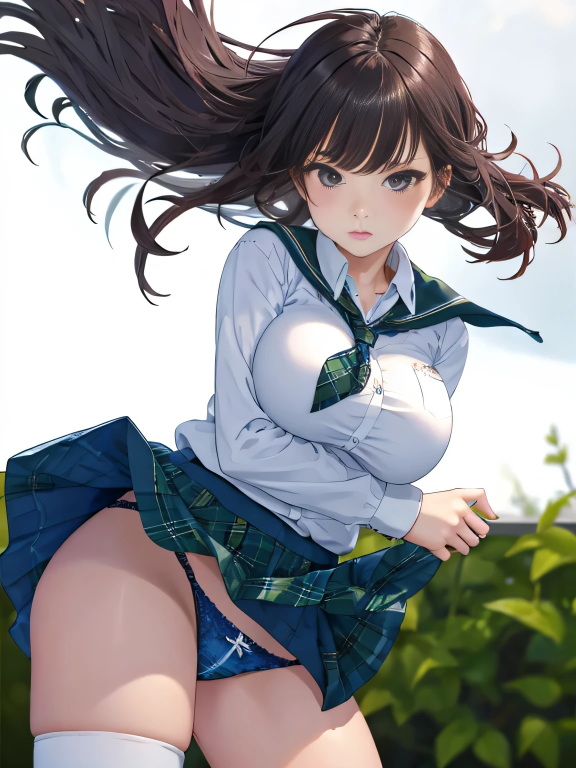 highest quality、High resolution、detailed background、beautiful and detailed face、beautiful and smooth skin、skin texture、professional lighting、Beautiful age girl、huge breasts、
panty shot、cuteパンティー、cuteセーラー服、Pleated mini skirt with tartan plaid pattern、cute髪型、High Socks Over Knee、knee high socks、
Sunny、Sunny、go to school、school zone、in the city、strong wind is blowing、Skirt flipping in strong wind、彼女のスカートがめくれてとてもshameずかしそうに見えます.、shame、とてもshameずかしい、sexual expression、shameずかしそうに私を見て、cute