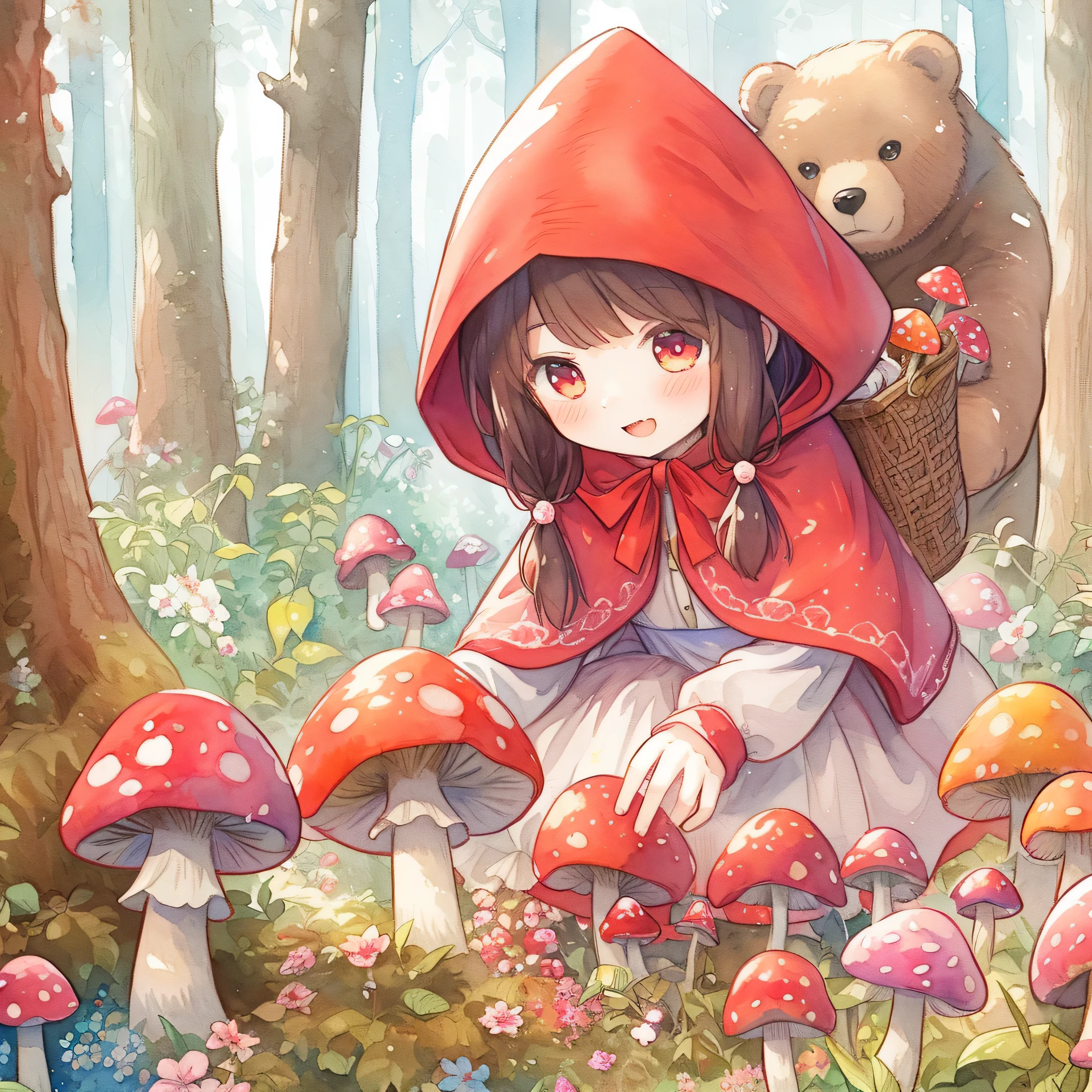 There is a girl wearing a red hood and a bear in the forest., The girl is carrying a basket of mushrooms on her back、Pastel Watercolor、A smiling girl picking mushrooms in a fantastic forest is wearing a red hood、There'to the bear behind me、anime、Illustration style like a fairy tale, little little red riding hood, little red riding hood, by Yuumei, Beautiful artwork illustration, pixiv contest winner, animeファンタジーイラスト, by Kubisiato, pixiv, by Xia Wei, adorable digital paintings, cute detailed digital art