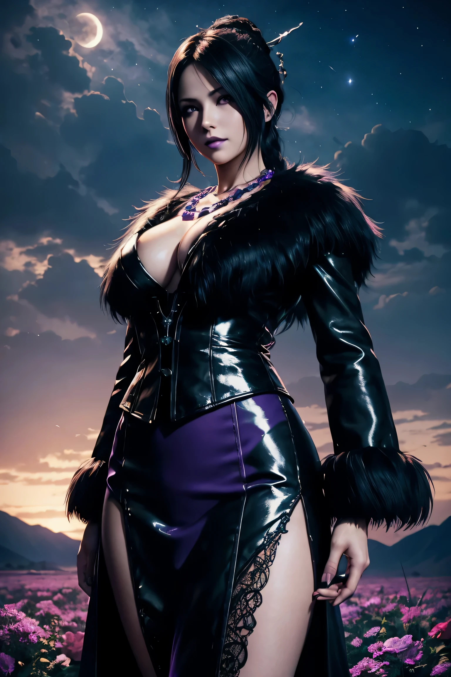 Lulu,Final Fantasy 10,FF10,Kurokami,one length,Let down one side of your bangs,hide one eye,beautiful purple eyes,white skin,purple lips,黒いFurryロングドレス,long skirt,Furry,Black see-through blouse,black fishnet tights,Purple Necklace,super high quality,super high quality,masterpiece,digital single lens reflex,realistic,Detailed details,vivid details,depicted in detail,detailed face,Detailed details,Super detailed,realistic skin texture,based on anatomical basis,perfect anatomy,anatomically correct hand,anatomically correct fingers,Complex 3D rendering,sexy pose,beautiful purple rose field,Final Fantasy Worldview,Dark worldview,Fantastic night view,fantastic night sky,beauty like a painting,smile,enchanting beauty,phantom river,