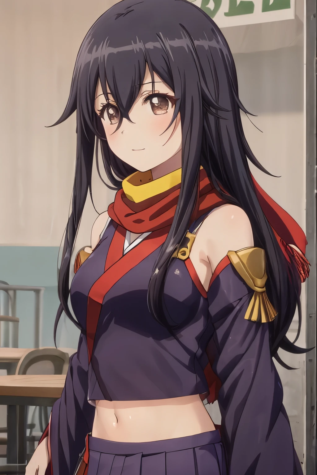 master piece, best quality, 8k, ultra high resolution, highest quality, anime style, best writing, beautiful face, masterpiece, perfect lighting one girl, Solo Ishikawagoe, long hair, black hair, light brown eyes, straggling hair, Upper body black kimono, bare shoulders, broken shoulder, navy pleated skirt, (Red Long Scarf:1.1), Navel exposed, iron gauntlet, outdoors