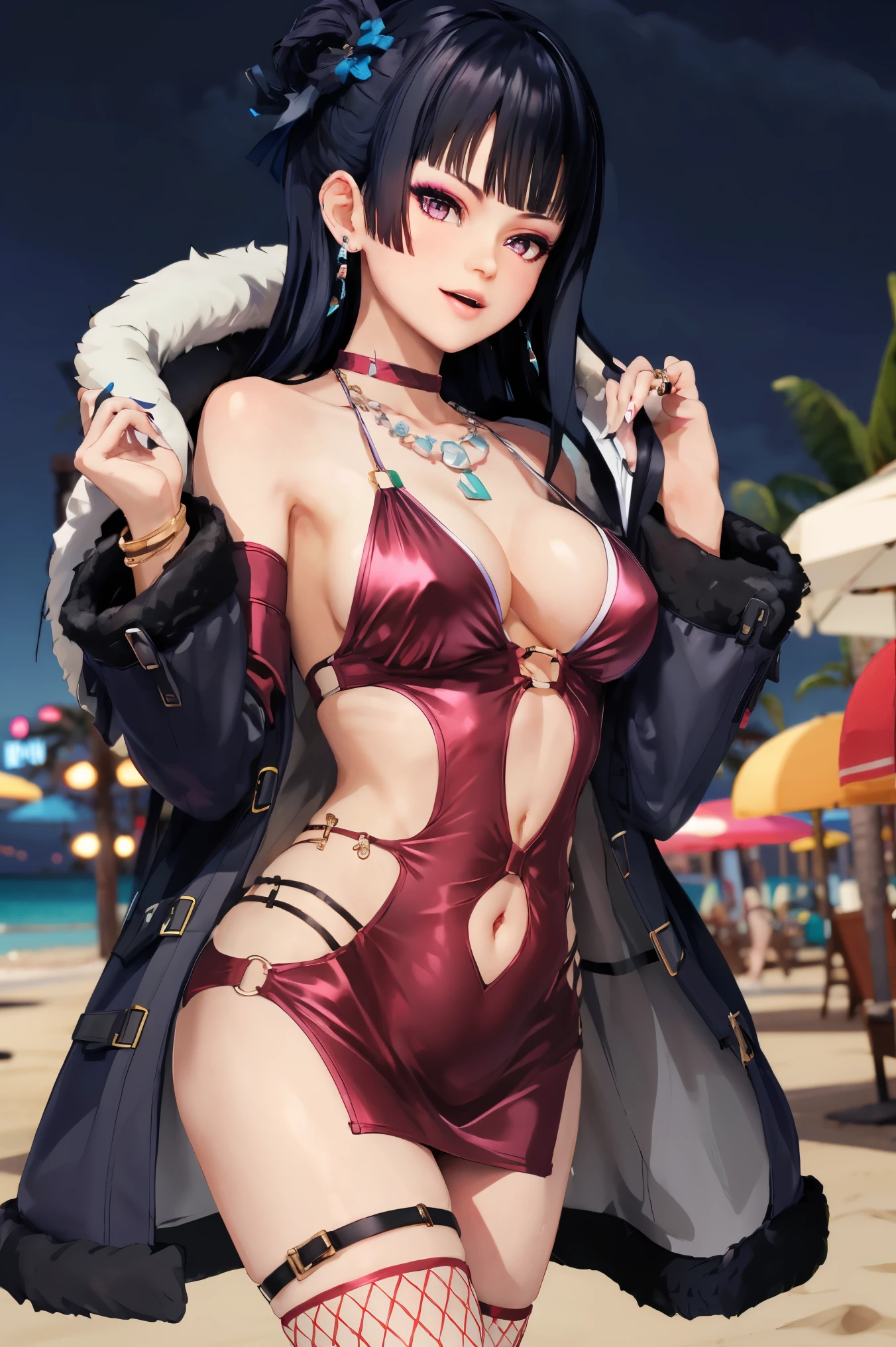 nyotengu, 1girl, solo, casino, bodycon, microdress, necklace, earring, navel, face focus, fur coat, face focus, night sky, beach