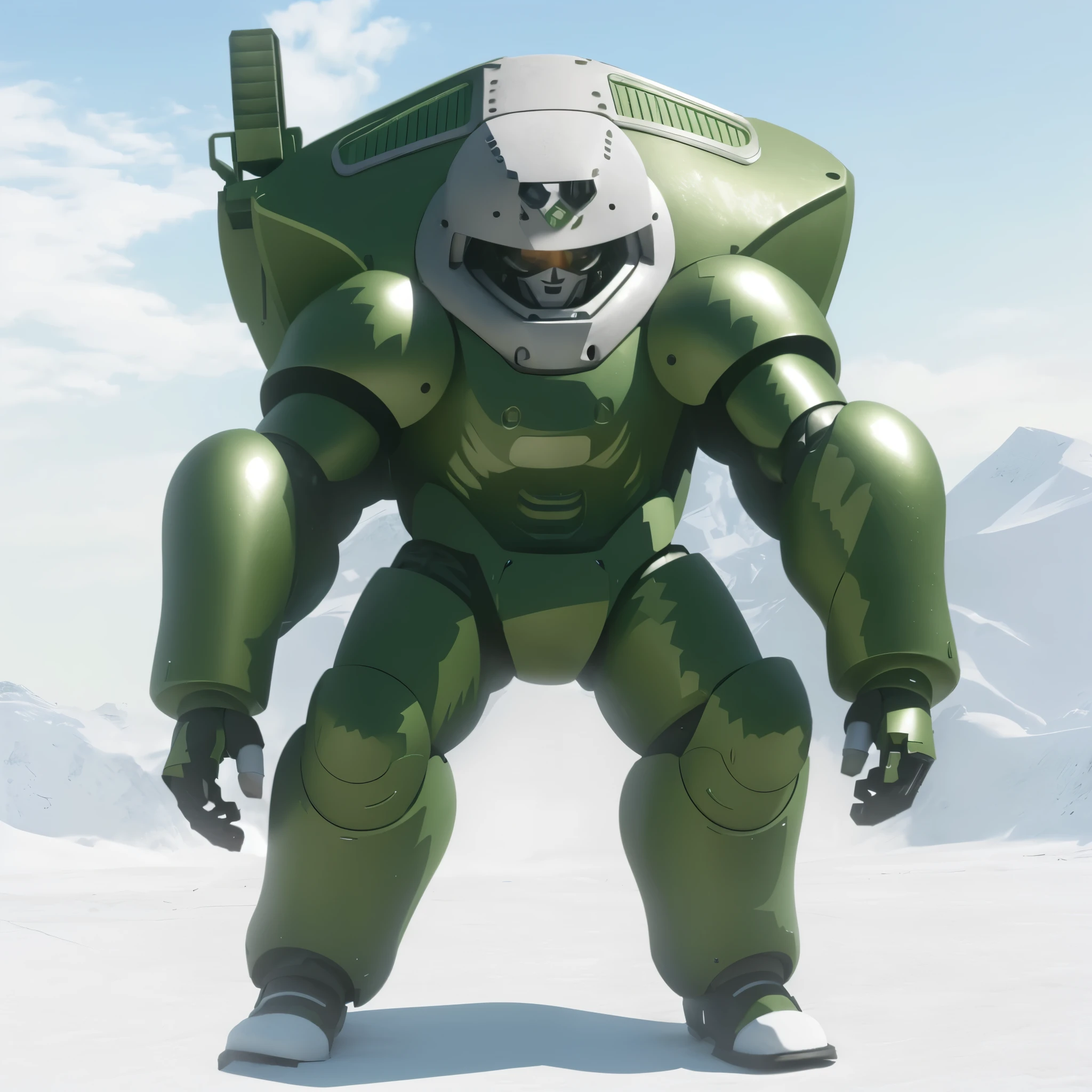 There is a cartoon，The painting is of a giant standing in the snow, You will, Kogor as a soldier in Thor, wears a suit of Powered Armor, Mecha suit, Machine deck armor, dominate, Powered Armor, Wario as Armored Titan, Mecha suit, Became a mobile suit, Mecha style greek god, Mecha armor，3D rendering effect，Realistic effect，Army green paint，bright scene，White background