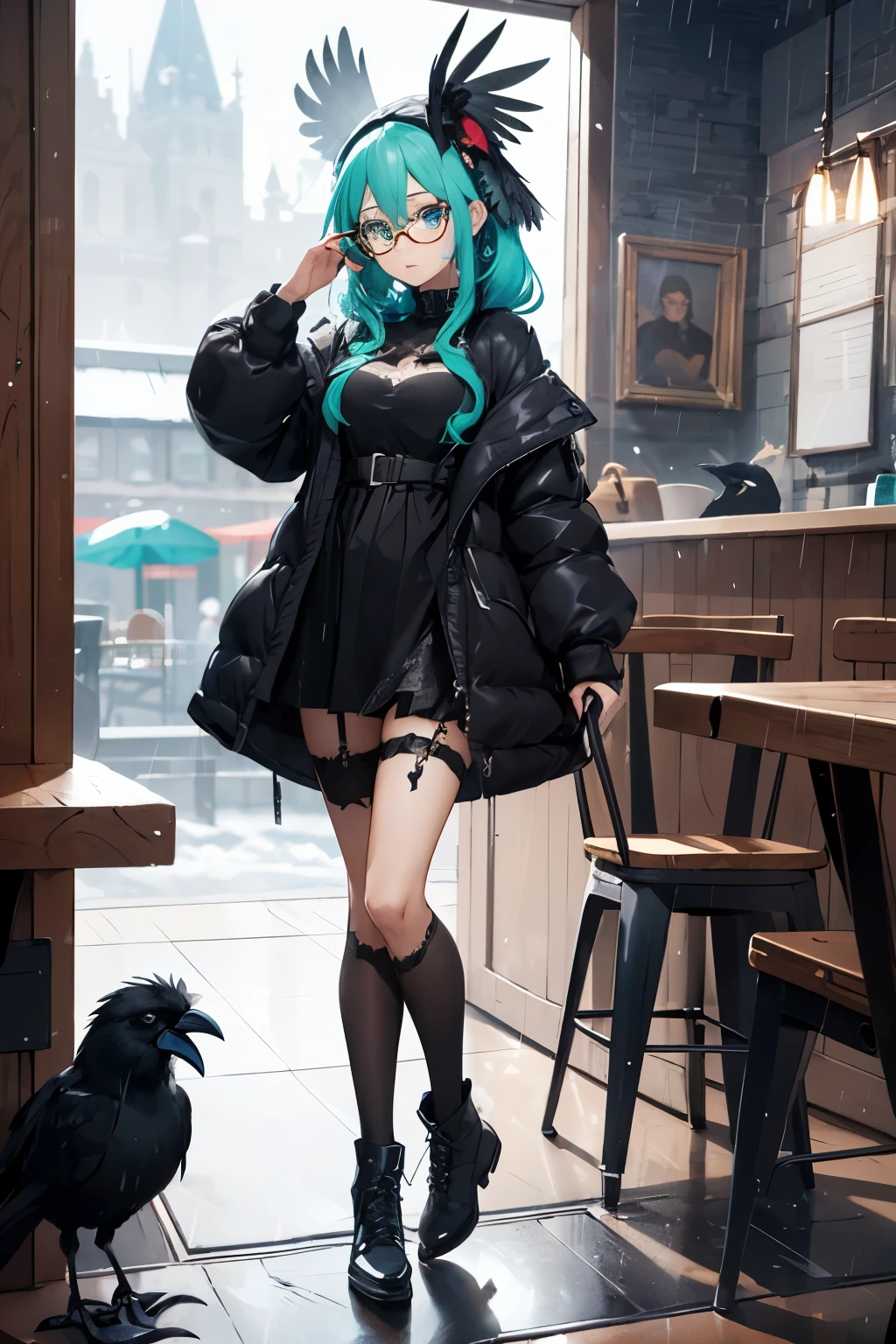 ((Mejor calidad)), ((Obra maestra)), (detallado), cara perfecta, ((Mejor calidad)), ((Obra maestra)), (detallado), cara perfecta, An (((anthropomorphic crow girl))) with shimmering black feathers and piercingly bright eyes like ebony, appearing small but striking, in a cozy cafe alongside the sexy t-shirt and mini skirt, celeste hair, wearing large glasses, tired and disheveled, with luxurious black feathers on her head, prominent under eye circles, winter touches, and a fully outfitted gothic girl figure. anime style, full body, rain day, pelo largo de color celeste