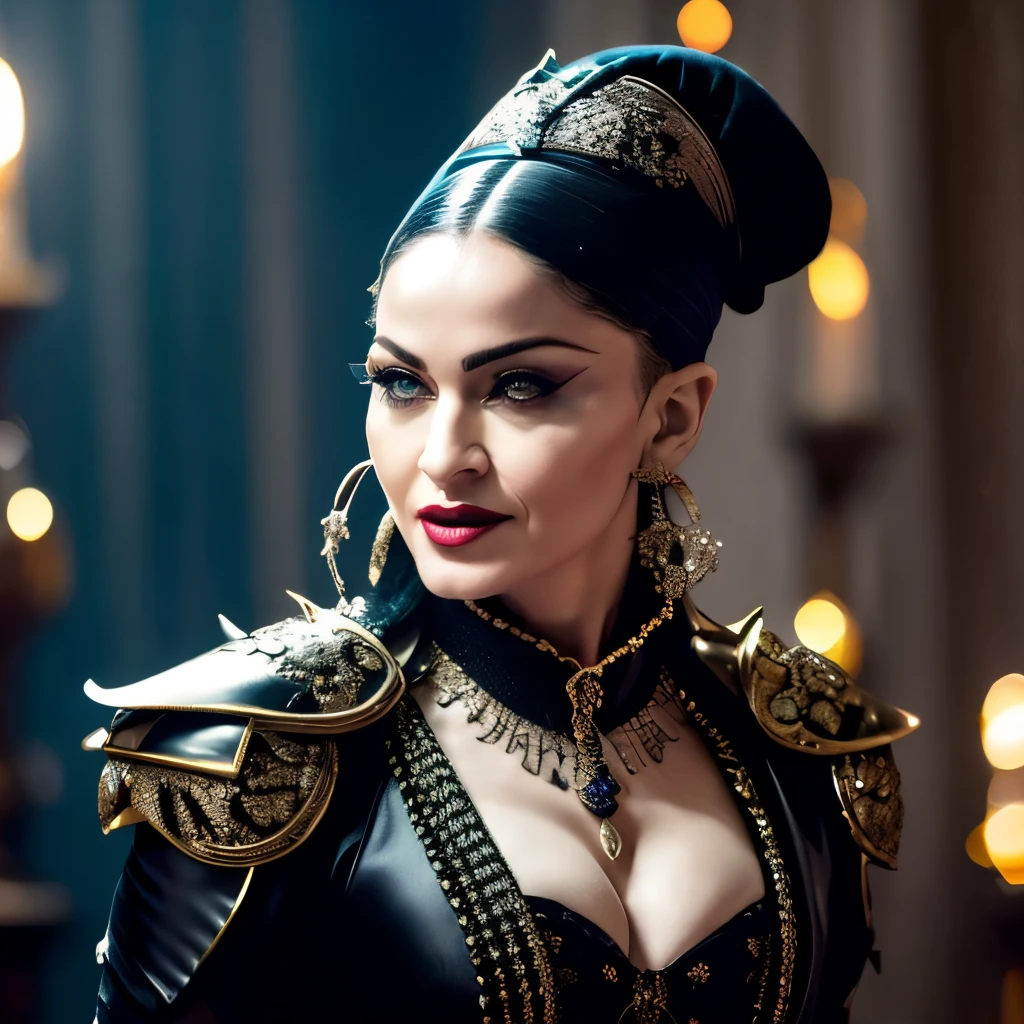 Imagine Madonna in her “Madame X” era, exuding mystery and authority, dressed in a luxurious and moody ensemble that recalls her alter ego's eclectic style. She's confident, with a setting that suggests an exotic location, possibly Iberian or Latin American, reflecting the global influences of the album “Madame X”. In each hand, ela empunha um leque, not just any fan, mas aqueles inspirados em Kitana de Mortal Kombat, blending the realms of pop music and video game fantasy. These fans are ornate, possibly metallic, com um toque de perigo em seu design, incorporating the blend of elegance and lethality characteristic of Kitana's own weapons. Madonna's expression is enigmatic, um desafio em seus olhos, as if she was ready to start a dance or battle at any moment, the very embodiment of “Madame X”’s spirit of reinvention and challenge.