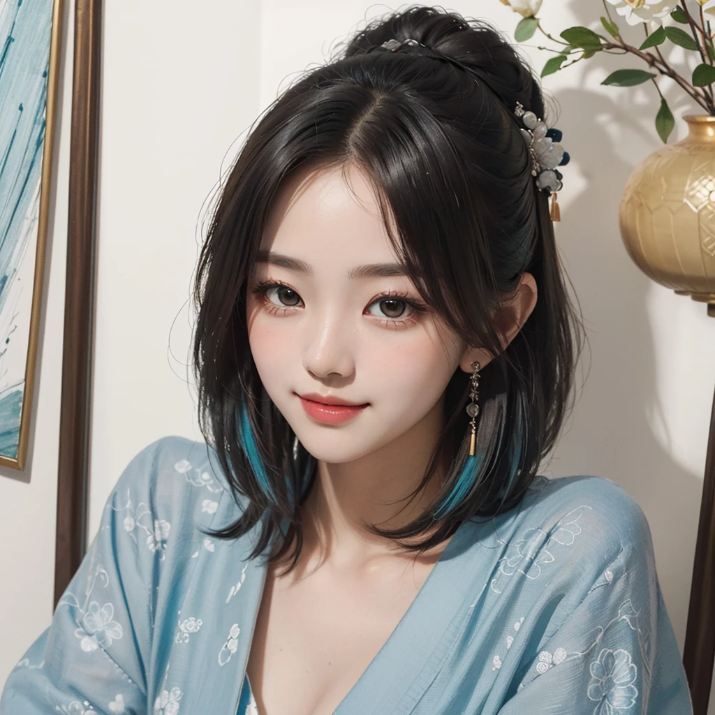 ((Show: a hand drawing the complete aesthetic portrait of a beautiful lady within picture )) with delicate coloring, radiant eyes, a shy smile and a charismatic serenity, wearing a precious kimono, masterpiece by Xu Beihong, Gao Fenghan, Wu Daozi, Gu Hongzhong, artists of the Zhe school, Zhu Da