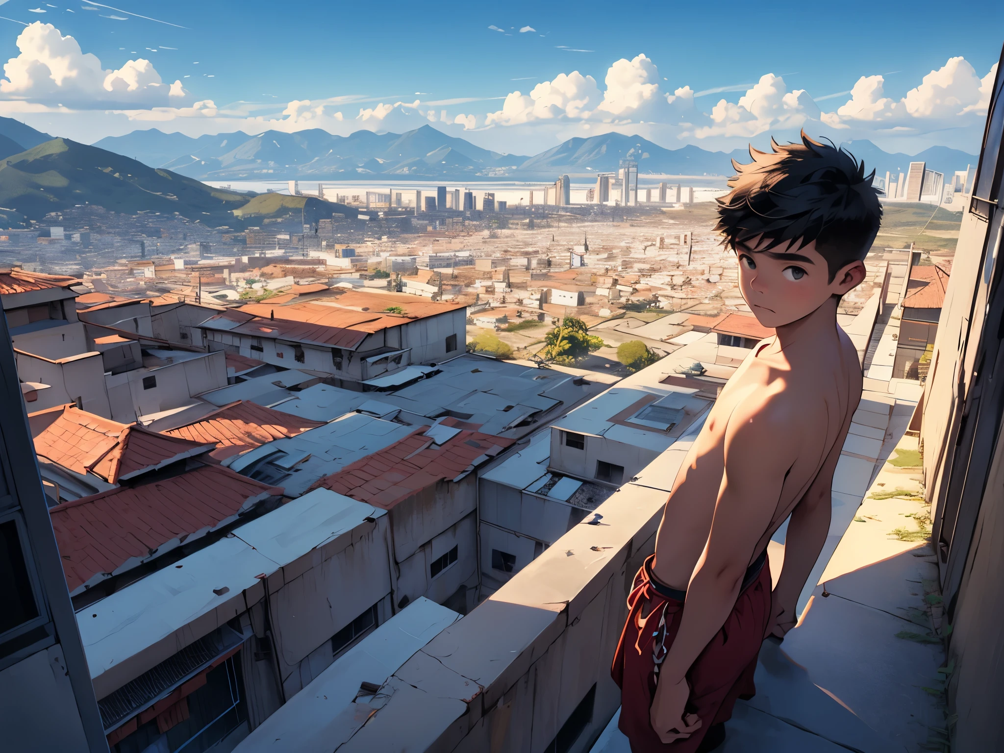 panoramic view cute 16 year old teenager looks sad from above a modern North American city, sin camisa falda tribal, esta perdido triste camina desconcertado