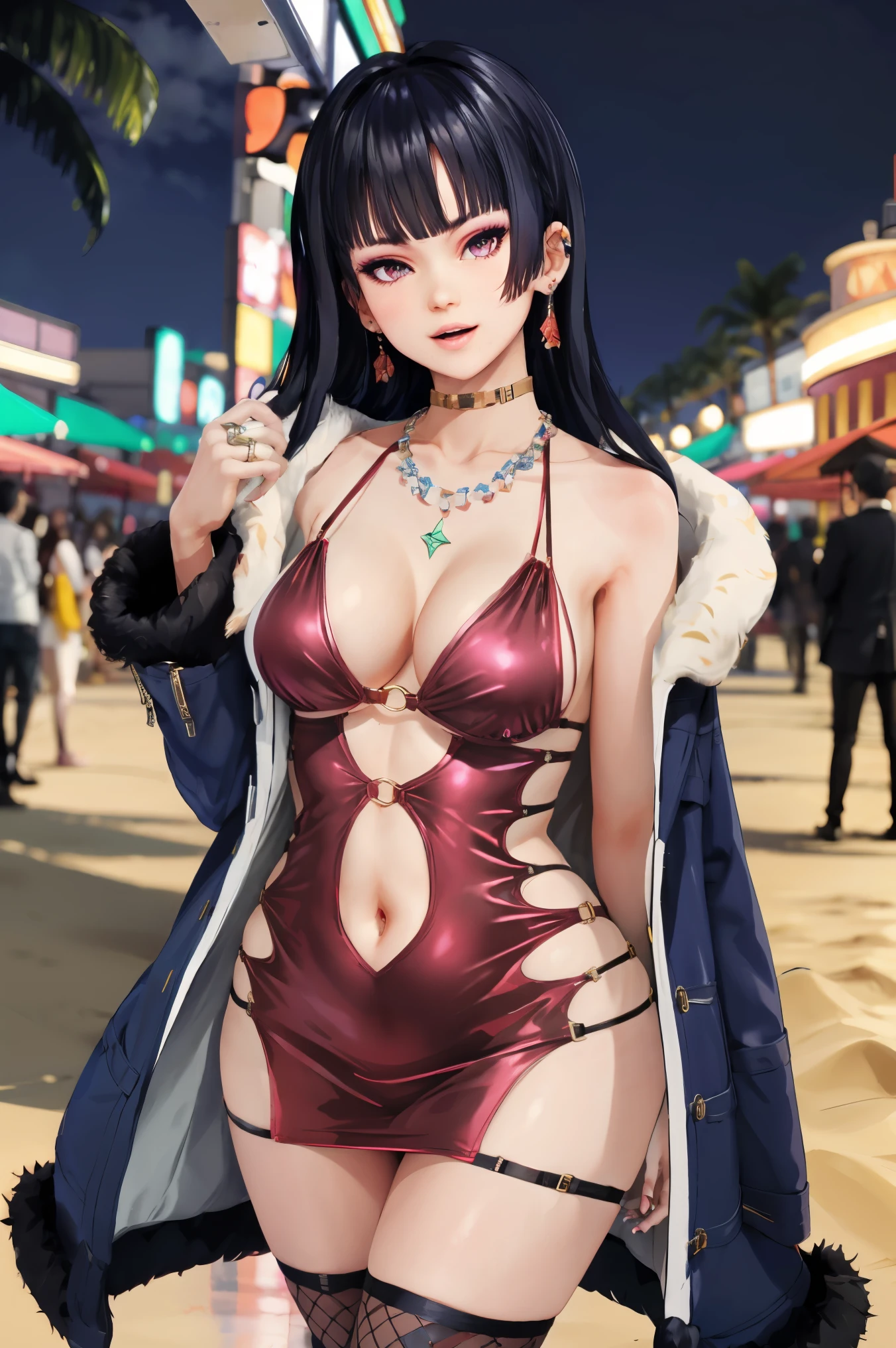 nyotengu, 1girl, solo, casino, bodycon, microdress, necklace, earring, navel, face focus, fur coat, face focus, night sky, beach