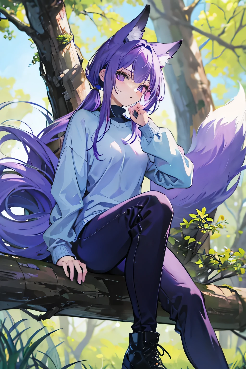 Purple hair, wearing a light blue sweater and dark green pants, wearing combat boots, sitting on a tree with a fox curled around her. Multiple fox tails