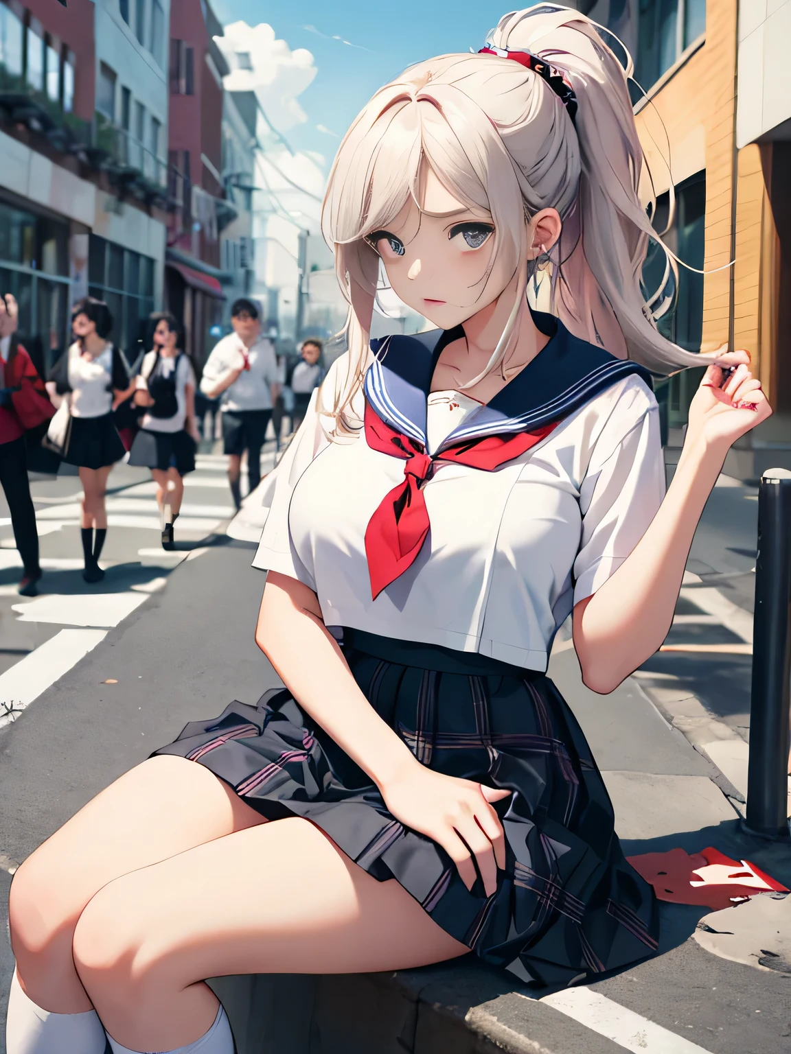 highest quality、High resolution、detailed background、beautiful and detailed face、beautiful and smooth skin、skin texture、professional lighting、Beautiful teenage girl、(huge breasts:1.1)、((cute white sailor suit、white sailor collar))、Pleated mini skirt with tartan plaid pattern、ponytail、サイドponytail、cute hairstyle、High Socks Over Knee、knee high socks、cute white panties、under under、Sunny、go to school、school zone、in the city、strong wind is blowing、there are people around、The kids around me are also flipping up their skirts..、((The wind is so strong that my skirt gets blown up a lot..))、Her skirt is flipped up and her pants are clearly visible..、An expression that is a mixture of shame and anger、Very embarrassed、Look at me embarrassed、panty shot、camel toe