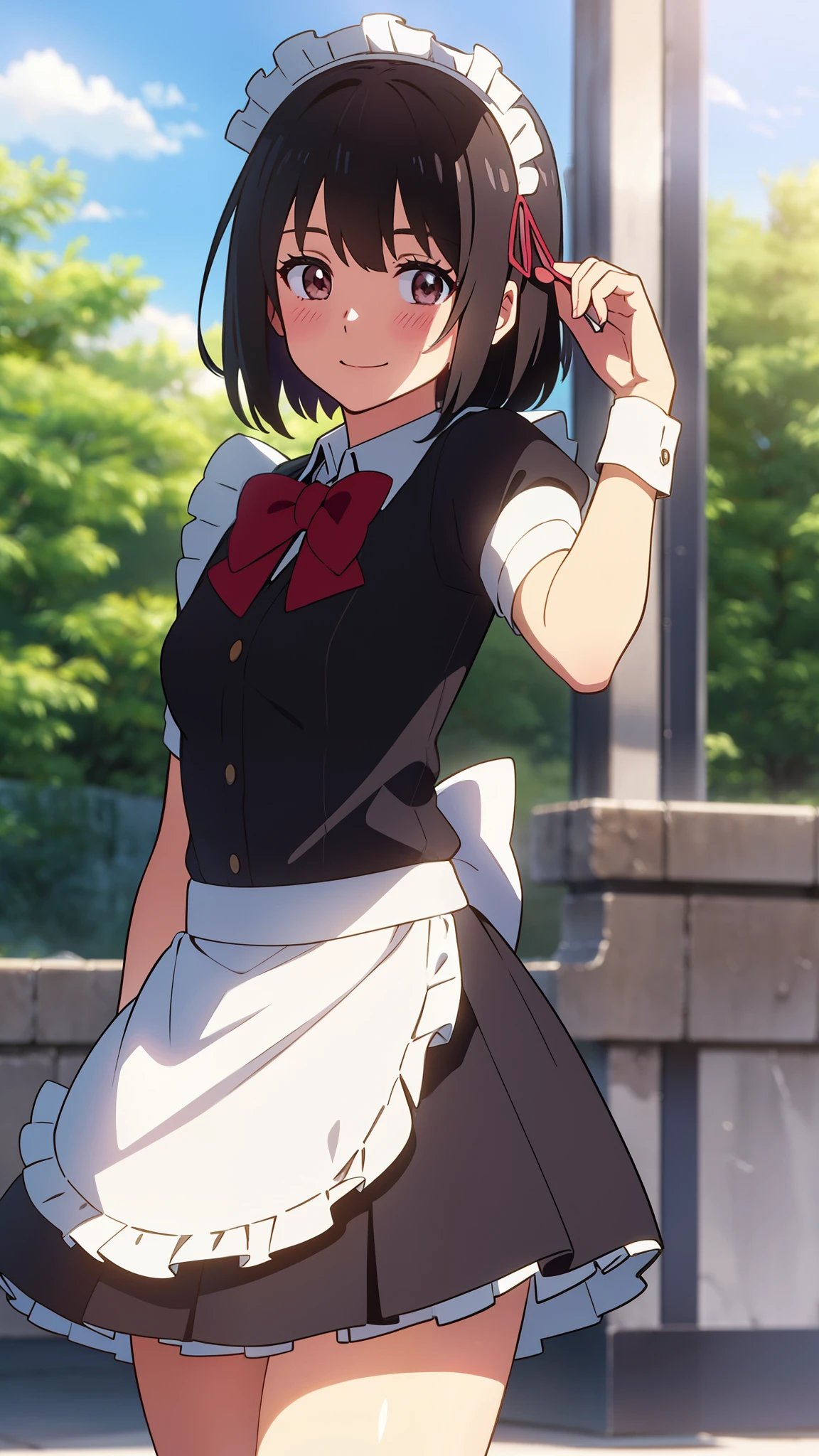 shinkai makoto, kimi no na wa., 1girl, bangs, black hair, short hair, blush, brown eyes, looking at the viewer, ((girl wear maid dress, short dress, short skirt, maid headdress)), Off-the-shoulders, red bow, red ribbon, smile, cute, happy, fun, joyful, school, outdoors, sky, cloud, sunlight