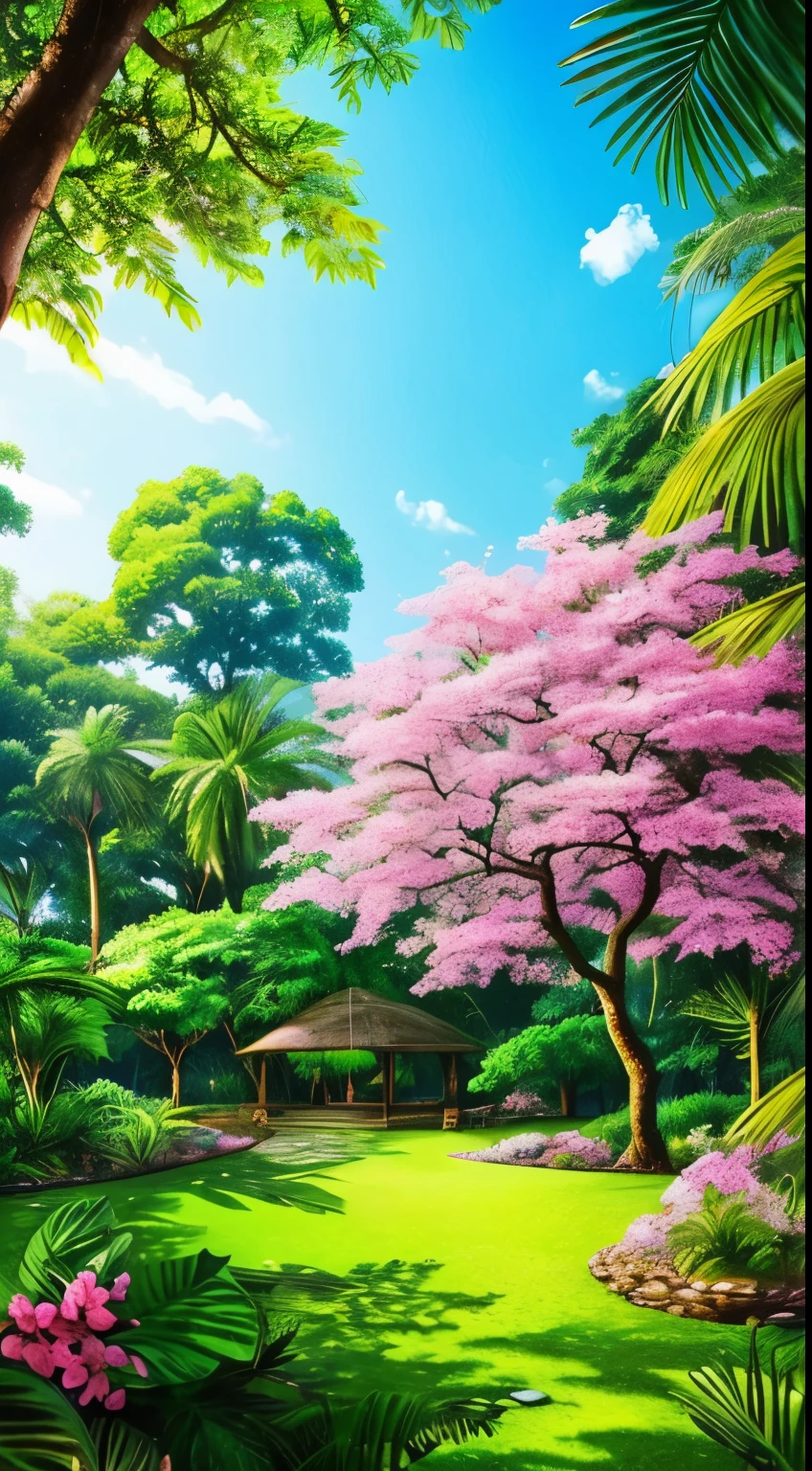 Masterpiece of a jungle scene, showcasing the best quality of a very detailed CG Unity 8k wallpaper. Lush greenery and vibrant colors fill the frame, with intricate details bringing the jungle to life. Crystal-clear water reflects the lush foliage and a tranquil blue sky, adding to the peaceful oasis ambiance. A cherry tree stands proudly in the center, its beautiful pink blossoms contrasting beautifully with the rich greens of the jungle. Every detail, from the textured bark of the trees to the delicate petals of the cherries, is brought to life through meticulous ray tracing and shadow manipulation. The best illustr