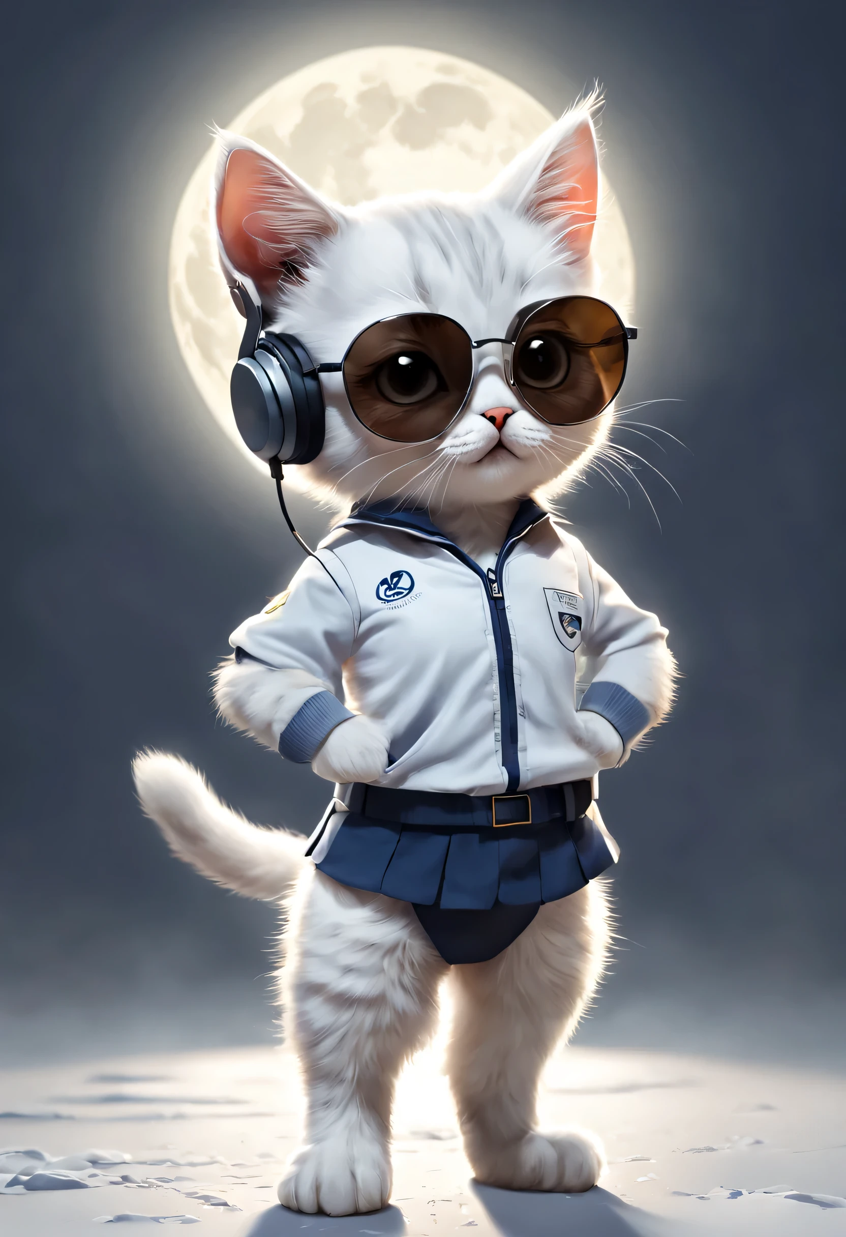 perfect centering, Full body cute kitten, Please wear school uniform, wearing sunglasses, please wear headphones, Standing position, abstract beauty, in the center, looking at camera, towards the camera, approaching perfection, dynamic, moonlight, very detailed, digital painting, artステーション, コンセプトart, Smooth, sharp focus, 8k, high resolution resolution, shape, art：Carne Griffith and Vadim Kashin, white background