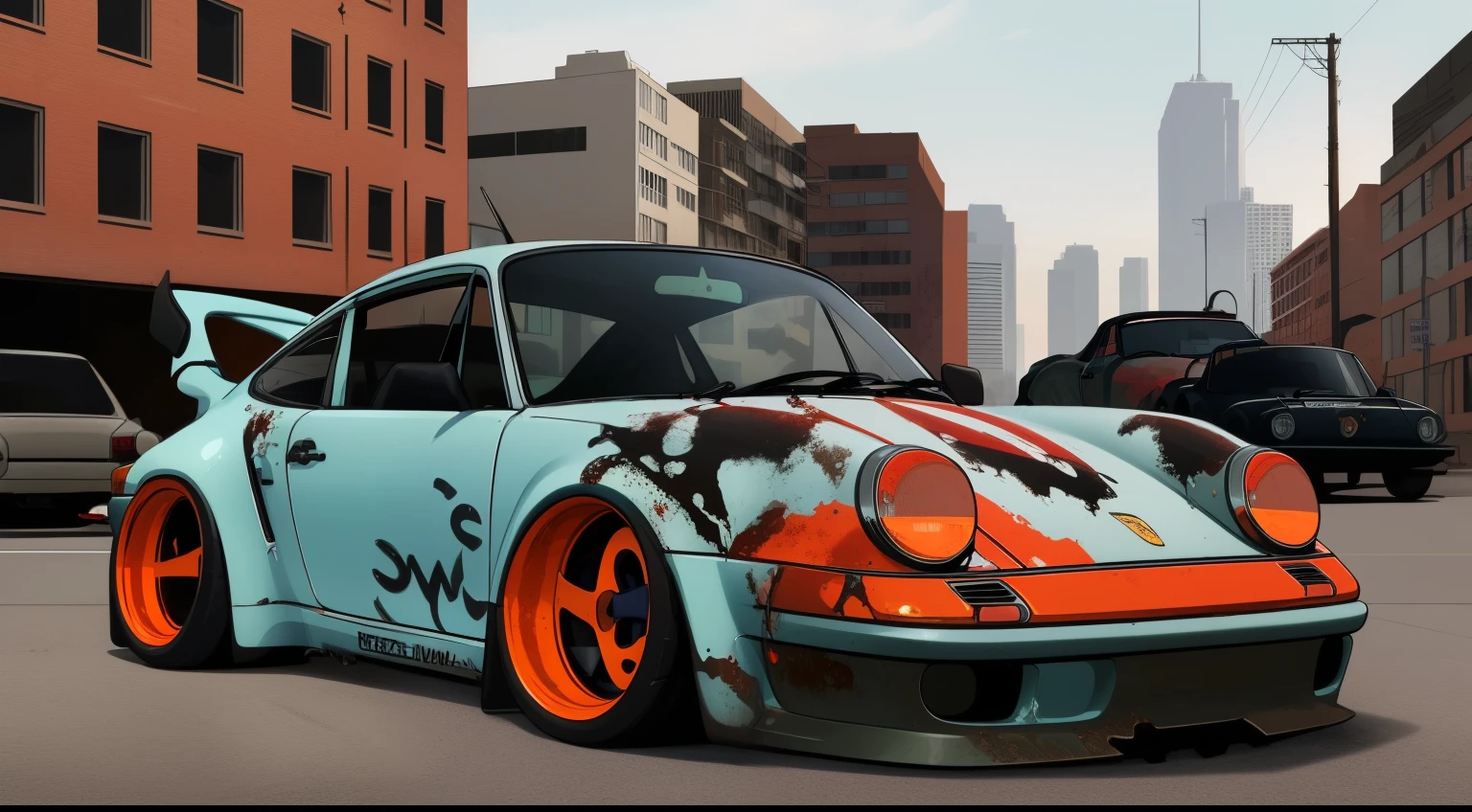 nvinkpunk, painting of a city with a rusty forgotten Porsche 911 rwb rotting,wide bodykit, large wheels, high quality,