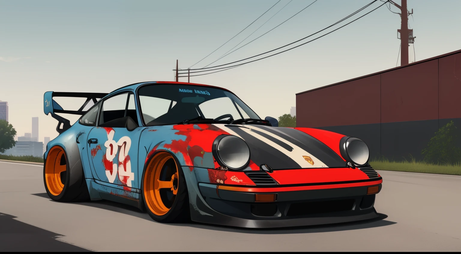 nvinkpunk, painting of a city with a rusty forgotten Porsche 911 rwb rotting,wide bodykit, large wheels, high quality,