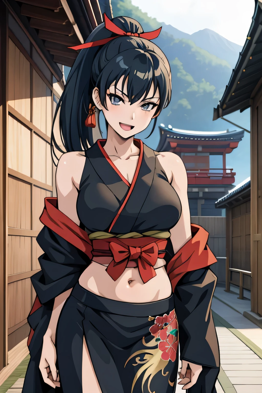 1girl, solo,
takamiya, ponytail, grey eyes,
fingerless gloves, masterpiece, best quality, highly detailed, a anime girls in kimono dress with a sword posing for a picture, bare shoulder,open kimono, evil smile, open mouth, crop top , (nsfw) not safe for work, smile, ecchi anime style, anime girls, ecchi style, ecchi, digital anime art!!, in anime style, official artwork, visual novel cg, beautiful anime girl, anime style 4 k, kimono pencil skirt, exposed belly, exposed navel, exposed midriff, exposed lower belly, outdoor, japanese architecture, temple, navel piercing