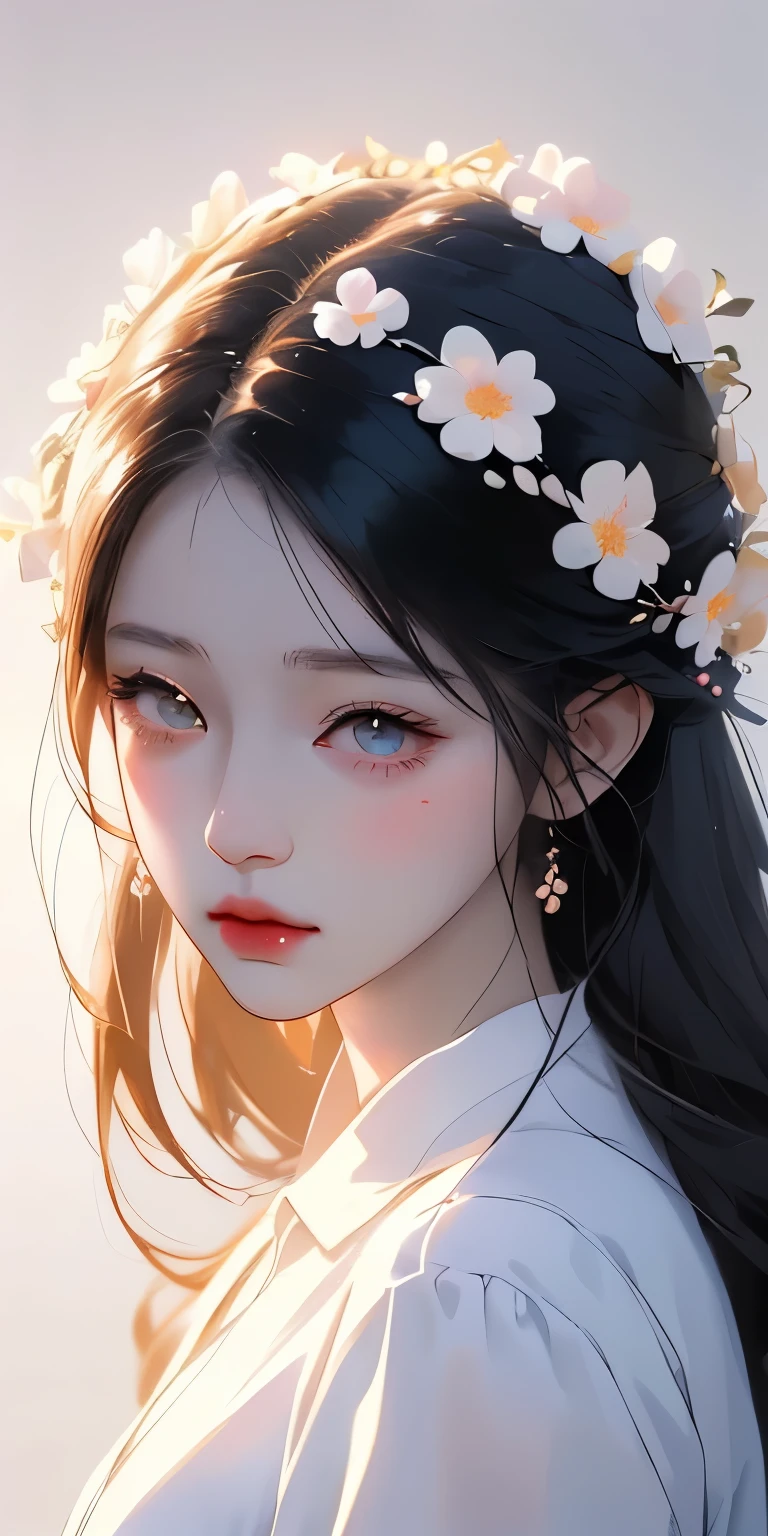 wearing white shirt、Anime girl with long black hair wearing a flower crown, Beautiful anime portrait, Stunning anime face portraits, beautiful anime girl, kawaii realistic portrait, Detailed portrait of anime girl, Portrait anime girl, Realistic anime 3D style, realistic young anime girl, Realistic anime art style, young anime girl, Anime realistic style, Realistic anime art style