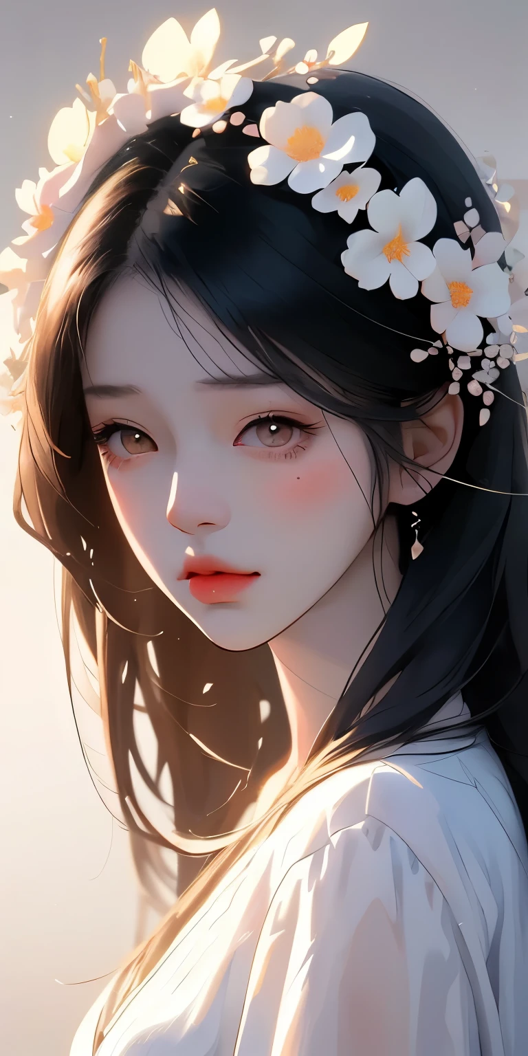 wearing white shirt、Anime girl with long black hair wearing a flower crown, Beautiful anime portrait, Stunning anime face portraits, beautiful anime girl, kawaii realistic portrait, Detailed portrait of anime girl, Portrait anime girl, Realistic anime 3D style, realistic young anime girl, Realistic anime art style, young anime girl, Anime realistic style, Realistic anime art style