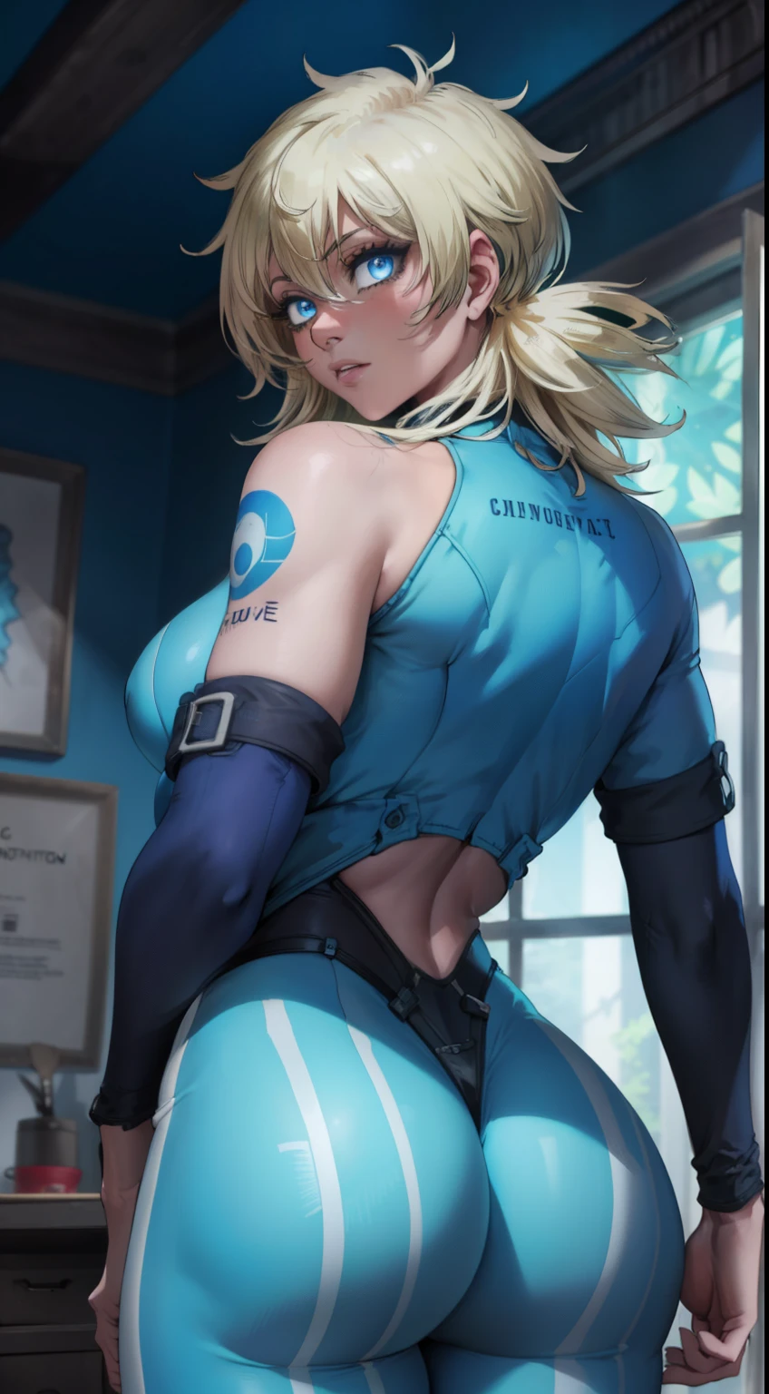 (masterpiece, highest quality, best quality, official art, beautiful and aesthetic: 1.2), (1girl), extremely detailed, (fractal art: 1.3), colorful, highest detailed, perfect face, upper body, HDR, ), vivid visual effects, (dynamic stripes, luminous traces: 1.2),, ass focus, ass, large ass, bare ass, naked ass, nude, ass window, sexy, wide hips, thicc figure, Detailed blue eyes, Detailed face, Detailed eyes, perfect face, perfect eyes, wearing blue bodysuit, back view, looking back at viewer