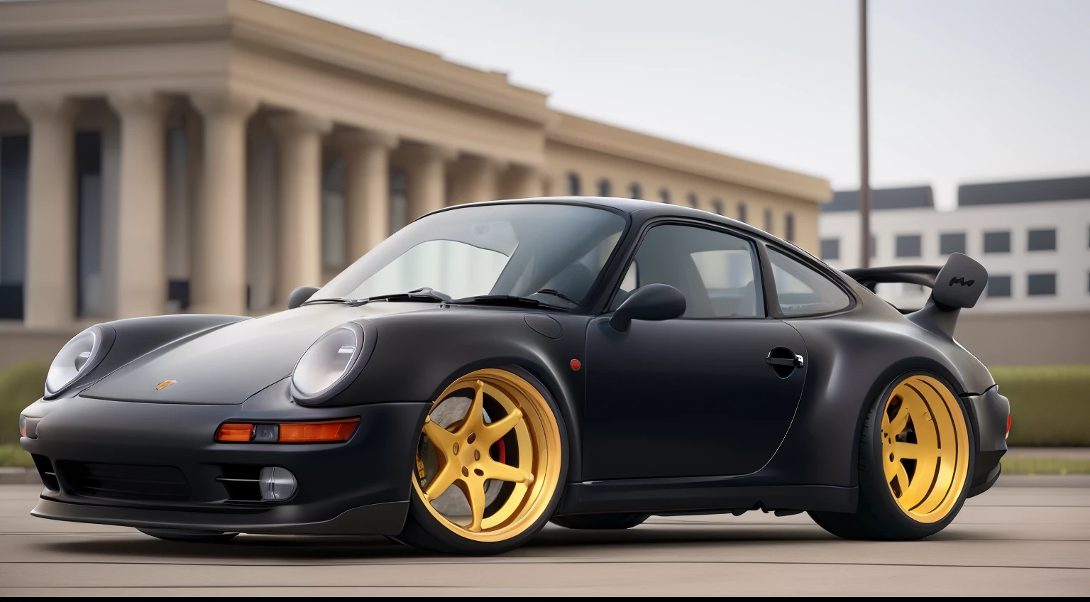 nvinkpunk, painting of a city with a matte black Porsche 911 rwb rotting,wide bodykit, large wheels, high quality,