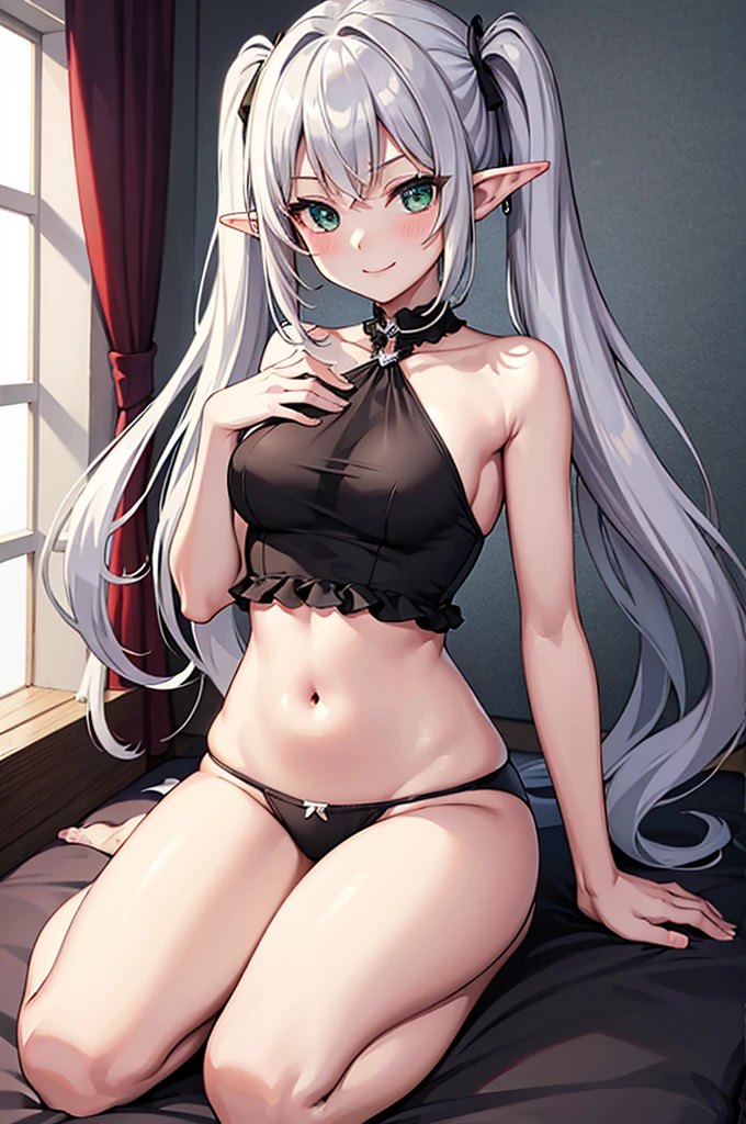 masterpiece, high quality, 4k, wz_sousou_no_frieren_style, 1girl, very long hair, silver hair, twintails, pointy ears, elf, green eyes, athletic, small breasts, pointy ears, babydoll, see through, underwear, underwear only, smile, assertive girl, indoors, sitting, on white bed