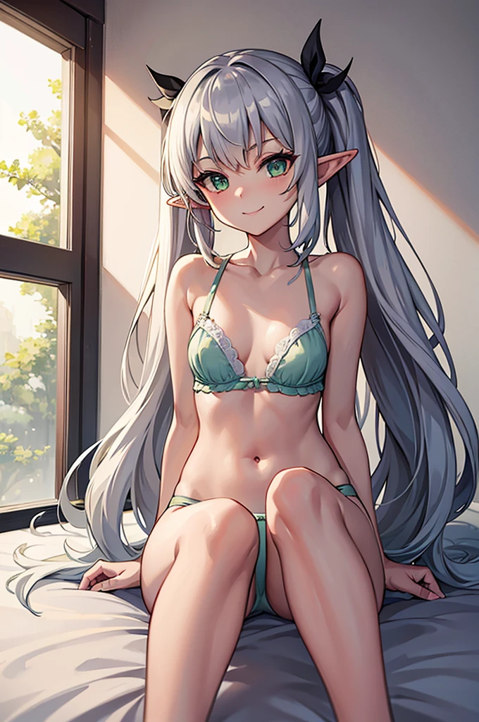 masterpiece, high quality, 4k, wz_sousou_no_frieren_style, 1girl, very long hair, silver hair, twintails, pointy ears, elf, green eyes, athletic, small breasts, pointy ears, babydoll, see through, underwear, underwear only, smile, assertive girl, indoors, sitting, on white bed
