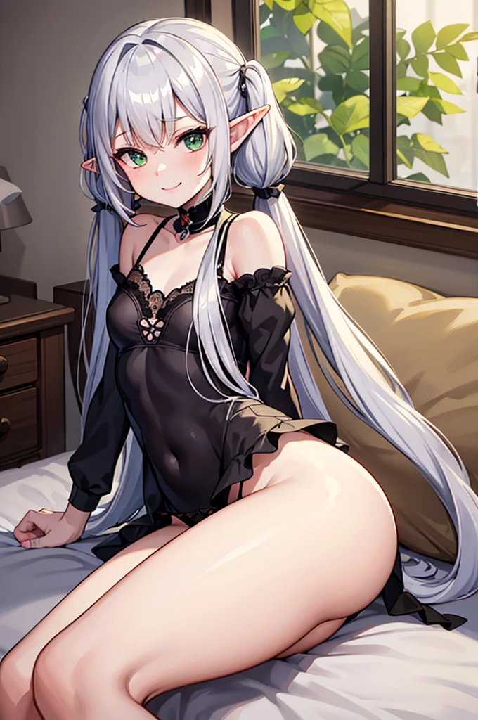 masterpiece, high quality, 4k, wz_sousou_no_frieren_style, 1girl, very long hair, silver hair, twintails, pointy ears, elf, green eyes, athletic, small breasts, pointy ears, babydoll, see through, underwear, underwear only, smile, assertive girl, indoors, sitting, on white bed