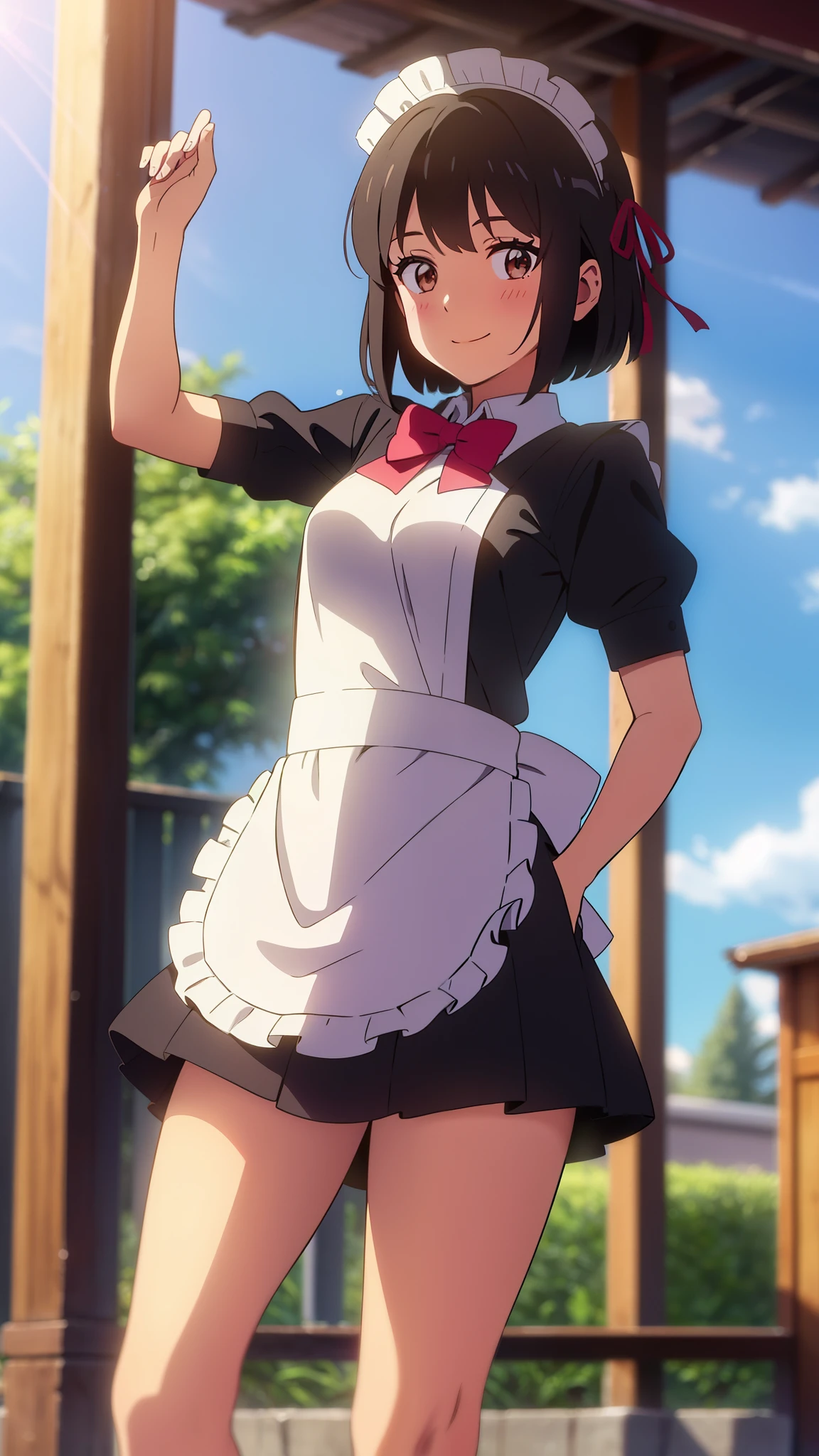 shinkai makoto, kimi no na wa., 1girl, bangs, black hair, short hair, blush, brown eyes, looking at the viewer, ((girl wear maid dress, short dress, short skirt, maid headdress)), Off-the-shoulders, red bow, red ribbon, smile, cute, happy, fun, joyful, school, outdoors, sky, cloud, sunlight