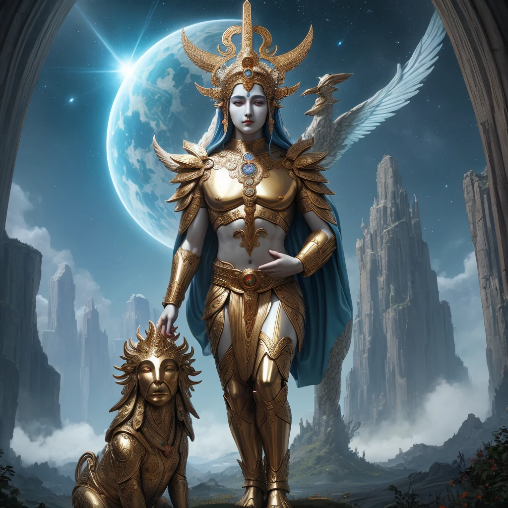 Holy Maiden,The whole body is surrounded by white ribbons,Holding a golden scepter in his hand, he sits on a lion made of crystal,Flexible body,A pleasant look,Super clear,4K,The picture quality of the movie,Composition with ease,The texture of an angel descending