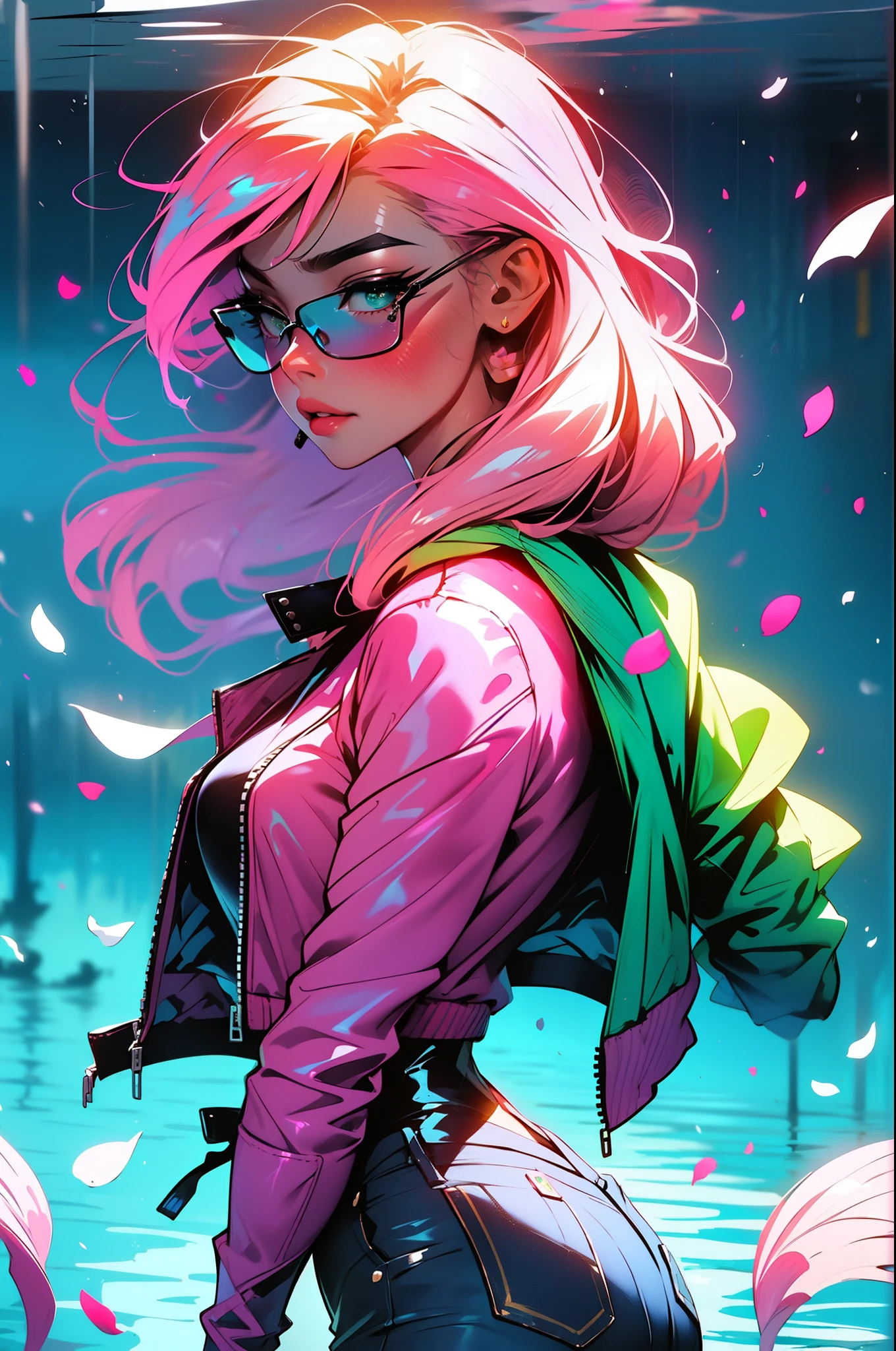 cyberpunk female woman wearing (Rose Quartz Pink Denim Jacket with chromatic accents:1.1), sleek full bodysuit, (Petal Blush,Lagoon Blue color background:1.3),