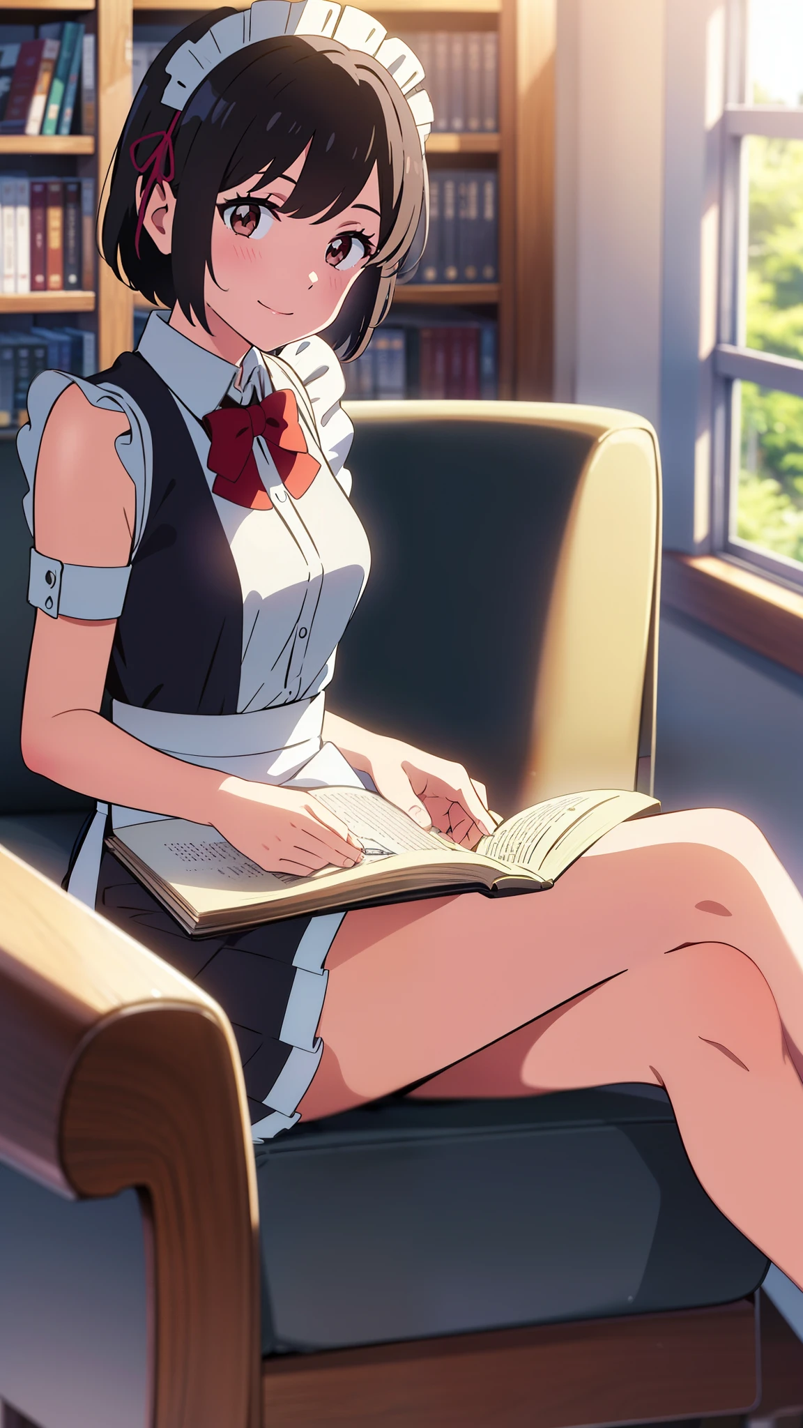 shinkai makoto, kimi no na wa., 1girl, bangs, black hair, short hair, blush, brown eyes, looking at the viewer, ((girl wear maid dress, short dress, short skirt, maid headdress)), no sleeves, Off-the-shoulders, red bow, red ribbon, smile, cute, happy, fun, joyful, school, indoors, at library, sitting in a chair, reading a book