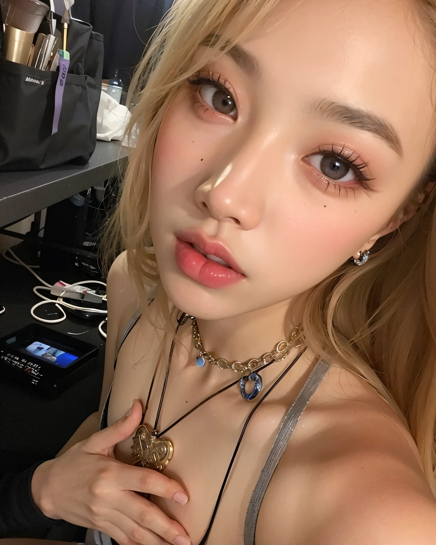 a close up of a woman with a necklace and a necklace, roseanne park of blackpink, jinyoung shin, lalisa manobal, jossi of blackpink, sun yunjoo, ulzzang, lalisa manoban of blackpink, jaeyeon nam, heonhwa choe, portrait of jossi of blackpink, piercing glowing eyes, taejune kim